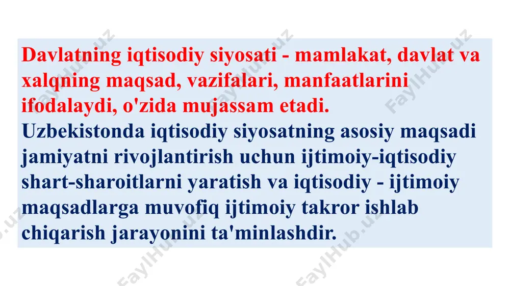 isodiy siyosat” degan hodisa mavjud bo’ldi. iqtisodiy siyosatni amalga oshirishning birinchi urinishlari "nuqta ta'siri" strategiyasi bilan bog'liq edi. bunday sharoitda siyosatning bojxona, agrar, sanoat va ijtimoiy shakllari nisbatan mustaqil yo`nalishlar sifatida qaraldi. keyinchalik, xx-asrning boshlarida, bu parchalangan yondashuv o'rnini yaxlit, o'zaro bog'liq yondashuvning varianti egalladi. iqtisodiy siyosat yanada keng qamrovli umumiy iqtisodiy xususiyat kasb etdi. iqtisodiy siyosatning maqsadlari k. r. makkonnel va s. l. bryuning fikricha, iqtisodiy siyosatning maqsadlari quyidagilardan iborat: -milliy iqtisodiyotning iqtisodiy o'sishi; -to'liq bandlik; -iqtisodiy samaradorlik; -narxlar darajasining barqarorligi, -inflyatsiyaga qarshi kurash; -deflyatsiyaga qarshi kurash; -iqtisodiy erkinlik; -daromadlarni adolatli taqsimlash; -iqtisodiy xavfsizlik (ijtimoiy kafolatlar); -balanslangan tashqi savdo balansi. bozor - xaridorlar (iste'molchilar) va sotuvchilar (yetkazib beruvchilar) o'rtasida alohida tovar va xizmatlar almashinuvini ta'minlaydigan jarayonlar va tartiblar majmui. bozorlar turli shakllarda bo'lishi mumkin. bozorning asosiy mezonlaridan biri raqobatning mavjudligini ta'minlaydigan ishtirokchilarning erkin harakat qilishidir mustaqil ishtirokchilar soni qancha ko'p bo'lsa, bozorning raqobatbardoshligi shunchalik yuqori bo'ladi. bitta asosiy sotuvchi …