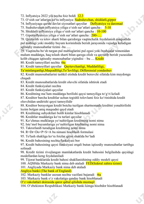 ada keragidan ortiqcha pulning paydo bo’lishi tushuniladi . pulning qadr –qiymati va harid qobilyati ning pasayishi tushuniladi . narx navoning o’sib ketishi tushuniladi. 63. qog‘oz pullar eng birinchi qaysi davlatda muomalaga chiqarilgan? xii asr xitoy 64. tanganing old tomoni nima deyiladi? aversi 65. “revers” deganda nima tushuniladi? tanganing orqa tomoni 66. o‘zbekiston milliy valyutasi “so‘m” qachon muomalaga kiritilgan? 1994-yil 1-iyul 67. kredit so‘zining lug‘aviy ma’nosi nima ishonaman, maqullayman 68. ______- bu moliyaviy muassasa bolib, jamiyatdagi vaqtinchalik bo‘sh pul mablaglarini tegishli shartlar bilan jalb etib, ushbu mablaglarga ehtiyoji mayjud bolgan yuridik va jismoniy shaxslarga qaytarishlik, muddatlilik, tolovlilik va ta’minlanganlik asosida kredit beradigan va ular uchun turli vositachilik xizmatlarini ko‘rsatuvchi tijorat tashkilotdir. lambard 69. qadimgi bobilda oltinga tenglashtirilgan bank biletiga o‘xshash nima deb nomlangan 70. inflyatsiya so‘zi birinchi marta qaysi amerikalik iqtisodchi tomonidan iqtisodiy oborotga kiritildi a.delmar 71. inflyatsiya so‘zi birinchi marta nechanchi yil iqtisodiy oborotga kiritildi 1864-yil 72. inflyatsiya 2022 yili …