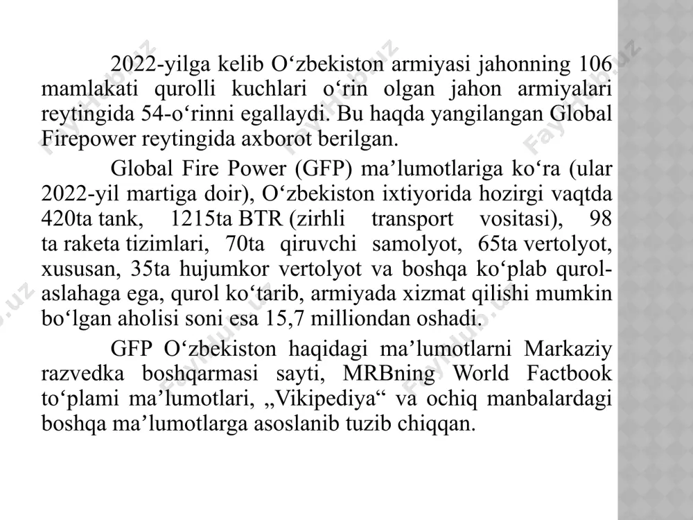 avlat mustaqilligining asoslari toʻgʻrisida“gi qonuni hamda 1991-yil 30-dekabrdagi mustaqil davlatlar hamdoʻstligi kengashining qurolli kuchlari va chegara qoʻshinlari haqidagi minsk qarori asosida 1992-yil 1-fevraldan sobiq ittifoq tizimidagi qoʻshinlarni mablagʻ bilan taʼminlanishi toʻxtatilishini inobatga olgan holda oʻzr oliy kengashi 1992-yil 10-yanvarda „oʻzbekiston respublikasi hududida joylashgan sssr ichki ishlar vazirligining harbiy qismlari va oʻquv muassasalarini oʻzbekiston respublikasi tasarrufiga olish toʻgʻrisida“, 14-yanvarda „oʻzbekiston respublikasi hududida joylashgan harbiy qismlar va harbiy oʻquv muassasalari toʻgʻrisida“ qarorlar qabul qildi. unda oʻzr hududida joylashgan sobiq ittifoqqa qarashli ichki ishlar va mudofaa vazirligining qismlari, birlashmalari, qoʻshilmalari, oliy oʻquv yurtlari, harbiy tuzilmalari mamlakatning qonuniy tasarrufiga olinadi, deb belgilandi. qaror asosida harbiy xizmatchilar, ularning oila aʼzolari, harbiy muassasalardagi ishchi va xizmatchilar, sobiq ittifoq armiyasida xizmat qilgan pensionerlarga ijtimoiy va huquqiy himoyalandi. harbiy qismlar va oʻquv yurtlari, muassasalar, tashkilotlar davlat tomonidan moddiy texnika va mablagʻ bilan taʼminlandi. 1992-yil 24 martda oʻzbekiston respublikasi prezidentining „oʻzbekiston respublikasi hududida joylashgan chegara qoʻshinlari boʻlinmalari haqida“gi farmoni …