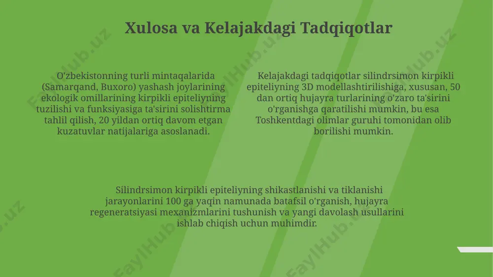 ydi, bu hujayralar himoya funksiyasini bajaradi. yassi silindrsimon epiteliy hujayralari, 5-10 mkm balandlikda boʻlib, nafas yoʻllarining, masalan, traxeyaning ichki qatlamini qoplaydi va ularning joylashuvi bir qatlamli boʻlib, mukus sekretsiyasi va kilia harakatlarini taʼminlaydi. fiziologik jarayonlarda rol yurakdagi 100 millionlab silya hujayralarining ritmik harakati, 37°c haroratda, o'pka alveolalariga chang zarrachalarini samarali chiqarib tashlashga yordam beradi. buyrakning nefronlarida joylashgan 5-7 mikrometr uzunlikdagi silali epiteliy, siydik hosil bo'lishida muhim rol o'ynab, suv va elektrolitlarni qayta so'rib olishni ta'minlaydi. insonning nafas yo'llaridagi 20 dan ortiq turdagi hujayralardan tashkil topgan ko'p qatlamli silali epiteliy, 15-20 ga yaqin nafas olish harakatida, havoni tozalash va infektsiyadan himoya qilishda ishtirok etadi. silindrsimon kiliar epiteliyning umumiy tavsifi multilayered silindrsimon kiliar epiteliy esa ko'zning kon'yunktiva qavatida uchraydi va uning qalinligi 30-50 mikrometr oralig'ida bo'ladi, shu bilan birga himoya funktsiyasini bajaradi. ushbu epiteliyning tarkibida 200 dan ortiq kipriklar mavjud bo'lib, ularning harakatlari tufayli shilliq qavatdagi zararli moddalarni o'pkalardan tashqariga chiqarib tashlaydi. …