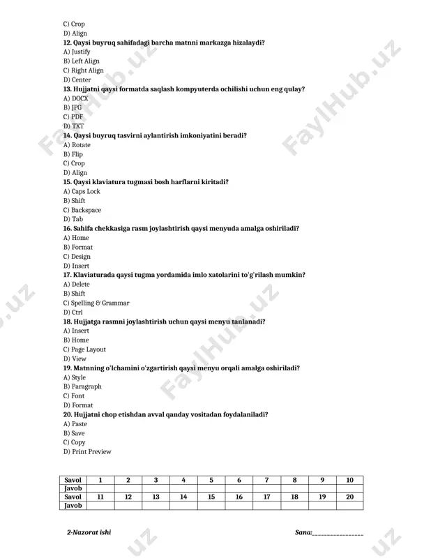 buyrug‘i orqali c) paste d) delete 13. elektron jadvalda ‘if’ funksiyasi qanday maqsadda ishlatiladi? a) raqamlarni bo‘lish uchun b) matnni tahrirlash uchun c) shartli hisob-kitoblarni bajarish uchun d) diagramma yaratish uchun 14. elektron jadvallarda qator va ustunlarni qanday ko‘chiramiz? a) copy va paste yordamida b) delete yordamida c) borders yordamida d) sum yordamida 15. excel dasturida ‘count’ funksiyasi nima qiladi? a) kataklarning qiymatlarini ko‘paytiradi b) kataklarni bo‘ladi c) kataklardagi qiymatlarni hisoblaydi d) matnlarni tahrirlaydi 16. excel dasturida qanday qilib kataklardagi matnni tahrir qilamiz? a) delete yordamida b) katakka ikki marta bosish orqali c) paste buyrug‘i orqali d) sum yordamida 17. excel dasturida formulalardan qanday nusxa olish mumkin? a) copy va paste yordamida b) borders yordamida c) diagramma yaratish orqali d) matnni o‘chirish orqali 18. excel dasturida ‘print preview’ buyrug‘i nima uchun ishlatiladi? a) faylni saqlash uchun b) faylni chop etishdan avval ko‘rish uchun c) faylni chop etish uchun d) diagramma …