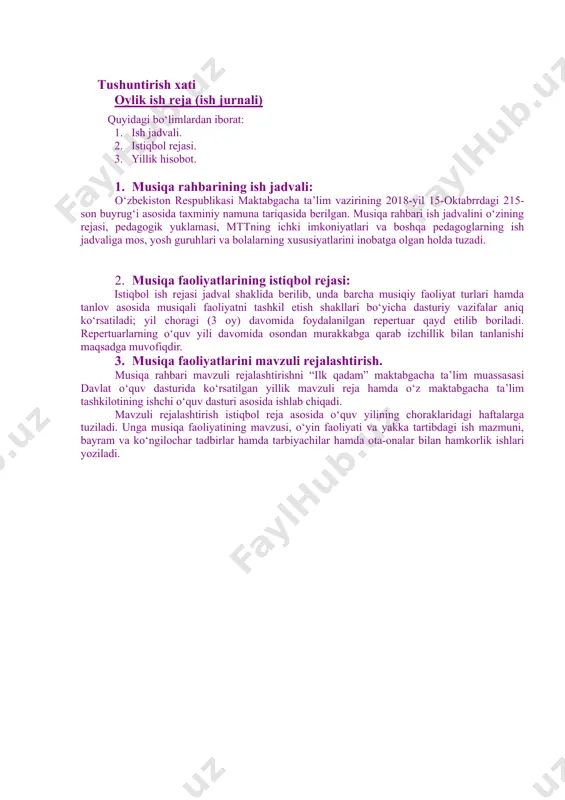 v guruh o‘rta guruh katta guruh kichik guruhda musiqa faoliyatining istiqbol rejasi sentabr – noyabr musiqa tinglash qo‘shiq musiqa va harakat elementar musiqa bolalar musiqali ijodi musiqa faoliyatini tashkil etish shakillari (tanlov asosida) qo‘shiq raqs musiqiy o‘yinlar improvizatsiyali musiqa 1 2 3 4 5 6 7 8 9 vazifalar “bog‘chamiz” m.ikromov (ixtiyoriy) “o‘zbekiston” m.dadaboev (ixtiyoriy) “ko‘chalar” ritmik harakatlar nota tovushlari haqida tushuncha takror lash “mittivoymiz” raqsi ”chapak-chapak” musiqali o‘yin ixtiyoriy mavzu asosida “ota- ona” (ixtiyoriy) “paxtoy” (ixtiyoriy) ”kim keldi ?“ ritmik harakatlar “karnay” cholg‘usi haqida tushuncha “oq terakmi, ko‘k terak” ”andijon polkasi“ raqsi “meva terish” musiqali o‘yin ixtiyoriy mavzu asosida “kuz ” d.omonullayeva (ixtiyoriy) “ non” i.xamraev (ixtiyoriy) “poyezd” ritmik harakatlar “surnay” cholg‘usi haqida tushuncha “oftob chiqdi olamga” “non” raqsi “dengiz va irmoq” musiqali o‘yin ixtiyoriy mavzu asostda repertuar “svetafor” s.nurmetov (ixtiyoriy) “oltin paxtam – oppog‘im” n.norxo‘jaev (ixtiyoriy) “marsh” s.abramov ritmik harakatlar ”paxta raqsi” ixtiyoriy o‘yin ixtiyoriy mavzu asosida “mening …