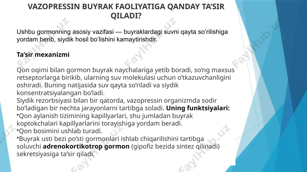 qligi (og’iz qurishi), tana vazni pasayishi. ko’p miqdorda suyuqlik qabul qilish sababli oshqozon kengayadi, ba’zan hatto pastga siljiydi. organizmdagi suv yetishmovchiligi tufayli oshqozon va ichakdagi ovqat hazm qilish fermentlari ishlab chiqarilishi buziladi. shuning uchun bemorda ishtaha pasayadi, gastrit yoki kolit rivojlanadi, ich qotishiga moyillik bo’ladi. katta miqdordagi siydik chiqarilishi sababli qovuq cho’ziladi. organizmga suv yetishmasligi sababli terlash kamayadi. ko’pincha qon bosimi pasayadi va yurak urish tezligi ortadi. ba’zida tushunarsiz ko’ngil aynishi va qayt qilish kuzatiladi. bemor tezda charchaydi. tana harorati ko’tarilishi mumkin. ba’zida kechasi siydik tuta olmaslik (enurez) rivojlanadi. tashnalik va tez-tez siyish tunlari ham davom etar ekan, bemorda ruhiy va hissiy buzilishlar rivojlanadi: uyqusizlik va bosh og’rig’i; emotsional labillik (ba’zan hatto psixozlar rivojlanadi) va qo’zg’aluvchanlik; aqliy faollikning pasayishi. bu qandsiz diabetning odatiy holatlardagi belgilaridir. biroq, kasallikning namoyon bo’lishi erkaklar va ayollar, shuningdek, bolalarda birmuncha farq qilishi mumkin. erkaklarda yuqorida ko’rsatilgan belgilarga qo’shimcha ravishda libidoning (qarama-qarshi jinsga bo’lgan qiziqish) va …