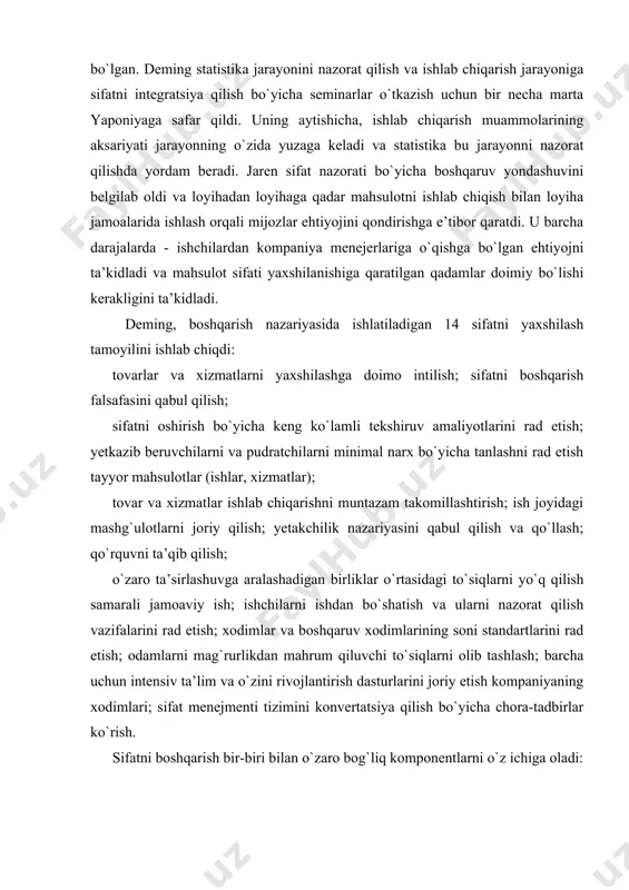 tegiyalari, etakchilik va etakchilik, tashkiliy tuzilma va tegishli loyihalarni boshqarish vositalari. ko`p tqm dasturlari muvaffaqiyatsizlikka uchraydi (shimoliy amerika korxonalarida muvaffaqiyatsizlik 80% ga yetadi) xodimlarni o`qitish va boshqa tashqi ta’sirlarga qaramasdan, umumiy sifat menejmenti dasturlarining bajarilmasligi xodimlarning ishlariga nisbatan munosabatlarida fundamental o`zgarishlarning yo`qligi bilan izohlanadi. ko`pgina korxonalar faqat muvaffaqiyatli tashkilotlarning ishlarini taqlid qilishga harakat qiladilar, ammo tqm dasturining muvaffaqiyatli bo`lishini ta’minlash uchun uni amalga oshiriladigan korxonaning shartlariga moslashtirish kerak. loyiha sifatini boshqarishning asosiy bosqichlari loyihada sifatni boshqarish bir vaqtning o`zida amalga oshirilishi kerak bo`lgan uchta asosiy bosqichdan iborat: 1. sifatni rejalashtirish: _ iste’molchilar talablarini identifikatsiya qilish; _ iste’molchilar tomonidan mahsulotga imtiyozli talablarni aniqlash. 2. sifatni oshirish: _ baholash mezonlarini tanlash; _ jarayon qobiliyatini baholash; jarayonni takomillashtirish. 3. sifatni nazorat qilish: _ sifatni baholash; _ sifatni yaxshilash va rejalashtirish tadbirlarini tartibga solish. 10-rasm tqm kontekstida loyiha sifatini boshqarish bosqichlari o`rtasidagi munosabatni ko`rsatadi. tqm falsafasiga yoki doimiy sifatni yaxshilash tizimiga hali o`rganmagan korxonalarda …