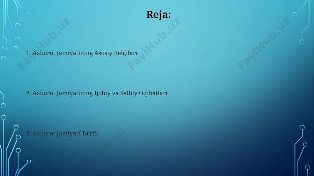 azmoqda. axborot texnologiyalari rolining o'rni internet orqali taqdim etilayotgan onlayn ta'lim resurslari soni 2023 yilda 15 millionni tashkil etdi, bu esa masofadan o'qitish va bilim olish imkoniyatlarini kengaytirib, ta'lim tizimida raqamli transformatsiyani tezlashtirdi. axborot texnologiyalari, global miqyosda 2 milliarddan ortiq foydalanuvchiga ega ijtimoiy tarmoqlar orqali, tezkor axborot almashinuvi va ommaviy kommunikatsiyani ta'minlaydi, bu esa jamiyatning bir butun sifatida shakllanishiga sezilarli ta'sir ko'rsatadi. axborot jamiyatida kommunikatsiya axborot jamiyatida kommunikatsiya tezligi 1000 baravarga oshgan bo'lib, bu global miqyosda real vaqt rejimida ma'lumot almashinuvini ta'minlaydi, internet va mobil aloqa kabi texnologiyalar bu jarayonda muhim rol o'ynaydi. axborot jamiyatidagi kommunikatsiya, 7 milliarddan ortiq aholi uchun turli xil formatdagi (matn, audio, video) ma'lumotlarni tarqatish imkoniyatini yaratib, global miqyosda madaniy almashinuvga va global qarashlarning shakllanishiga hissa qo'shdi. axborot jamiyatining asosiy xususiyatlari axborot jamiyatining asosiy xususiyatlaridan biri – keng polosali internet tarmoqlarining 90% dan ortiq aholini qamrab olishi va yuqori tezlikdagi ma’lumot uzatish imkoniyatlarini ta’minlashi. axborot jamiyatida …