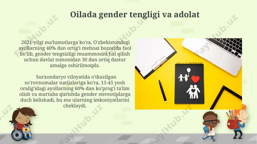 ad manbalarini topish taklif etiladi. 2022-yilgi statistikaga ko'ra, toshkent shahrida 100 ta oiladan 25 tasida oila a'zolari o'rtasidagi munosabatlarning yomonlashuvi kuzatiladi; bu muammoning yechimi sifatida oilaviy terapiya va psixologik maslahatlar, shuningdek, ochiq muloqotni rivojlantirish tavsiya etiladi. kelajakdagi oila kontseptsiyasi 2030-yilda dunyoning ko'plab shaharlarida, jumladan, toshkent va seulda, 60 yoshdan oshganlar sonining ko'payishi natijasida ko'p avlodli oilalar sonining o'sishi va ularning ijtimoiy ta'sirining ortishi kuzatiladi. oilaviy byudjetning 40% dan ortig'i, ayniqsa, rivojlangan mamlakatlarning, masalan, yaponiya yoki janubiy koreya kabi davlatlarida, bolalarning ta'limi va sog'lig'iga sarflanmoqda, bu oilaviy investitsiyaning yangi yo'nalishini ko'rsatadi. oila va ijtimoiy hayot xxi асрда ўзбекистондаги оилаларнинг 30% дан ортиғи икки авлод билан бирга яшайди, бу эса уларнинг ижтимоий ҳаётига, хусусан, болалар тарбиясига салбий таъсир кўрсатиши мумкин. кўпгина шаҳарларда, масалан, тошкентда, оилаларнинг ижтимоий ҳаётида 50% дан ортиқ қисми ижтимоий тармоқлар орқали мулоқотга асосланган бўлиб, бу яқин муносабатларнинг сусайишига олиб келиши мумкин. e'tiboringiz uchun rahmat @taqdimot_robot image6.jpg image7.jpg image8.jpg image9.jpg …