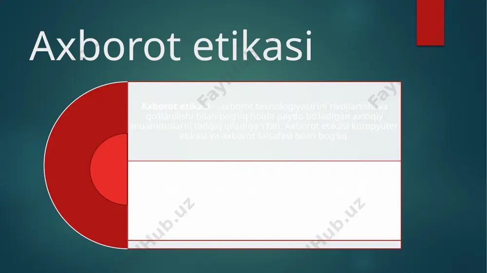 osabatlarni nazoratlovchi huquqiy me’yorlar majmui, huquq sohasidir. kompyuter etikasi doirasida ishlab chiqilgan tamoyillar privacy (shaxsiy hayot siri) – insonni avtonomiya va shaxsiy hayot erkinligiga huquqi, unga hukumat organlari va boshqa insonlarni kirishidan himoyalanish huquqi; accuracy (aniqlik) – tizimlarni joriy qilish bo’yicha qo’llanmani aniq bajarilishi va o’z majburiyatlariga ijtimoiy-javobgarlik, va adolatli munosabat bilan axborotni qayta ishlanishi bilan bog’liq me’yorlarga amal qilinishi; property (xususiy mulk) – xususiy mulk daxlsizligi – iqtisodiyotda mol-mulk tartibining asosi. bu tamoyilga rioya etilishi axborotga egalik qilish huquqi va mualliflik huquqi me’yorlariga rioya etilishini anglatadi; accessibilitiy (foydalanuvchanlik) – fuqarolarni axborotga, uning istalgan vaqt va joyda foydalanilish huquqi. xakerlik etikasi “xaker” tushunchasiga ulkan miqdirda tushunchalar keltiriladi. etikaning bu yo’nalishini rivojlantirayotgan mualliflardan biri erik reymond o’zining “xakerni yangi lug’ati”da quyidagi sakkiz ta’rifni keltiradi: --o’z ishida minimal biimlar bilan cheklanadigan ko’pchilik dasturchilardan farqli tizimni yaqqol bo’lmagan va nozik imkoniyatlari o’rganish katta zavq beradigan dasturchi; --amaliy dasturlash, komyuter mavzusi atrofida nazariylashish, ulkan …