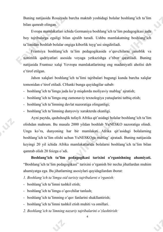ta’limni tashkil etish muhiti va omillari. 2. boshlang’ich ta’limning nazariy tajribalarini o’zlashtirish: · boshlang’ich ta’lim asoslari; · boshlang’ich ta’lim metodologiyasi; · boshlang’ich ta’lim metodlari; · boshlang’ich ta’lim texnologiyalari. 3. boshlang’ich ta’limning didaktik asoslarini o’rganish: · boshlang’ich ta’limda o’qitish shakllari; · boshlang’ich ta’limda o’qitish metodlari; · boshlang’ich ta’limda o’qitish tajribalari; · boshlang’ich ta’limda mashg’ulotlar shakllari. 4. boshlang’ich ta’limda tarbiya tajribalarini o’zlashtirish: · o’quvchilarni axloqiy shakllantirish; · o’quvchilarni ijtimoiy yo’naltirish; · o’quvchilarni rag’batlantirish; · o’quvchilarning rivojlanganlik darajasini monitoring qilib borish. e’tibor berilsa, “boshlang’ich ta’lim pedagogikasi” tarixini o’rganishning ahamiyati nazariy-metodik jihatdan muhim hisoblanadi. shu sababli bo’lajak boshlang’ich sinf o’qituvchilarining mazkur fan tarixini chuqur o’zlashtirishi taqoza etiladi. shunday qilib boshlang’ich ta’lim pedagogikasi tarixi o’ziga xos xususiyatlarga ega bo’lib, uni o’rganish va o’zlashtirish muhim ahamiyatga ega (4-chizma): boshlang’ich ta’lim pedagogikasi tarixi 1. o’zbekistonda boshlang’ich ta’lim pedagogikasi tarixi 2. jahon xalqlari boshlang’ich ta’lim pedagogikasi tarixi 3. boshlang`ich ta’lim pedagogikasi tarixini o`rganishning ahamiyati boshlang’ich ta’lim pedagogikasi mustaqil …