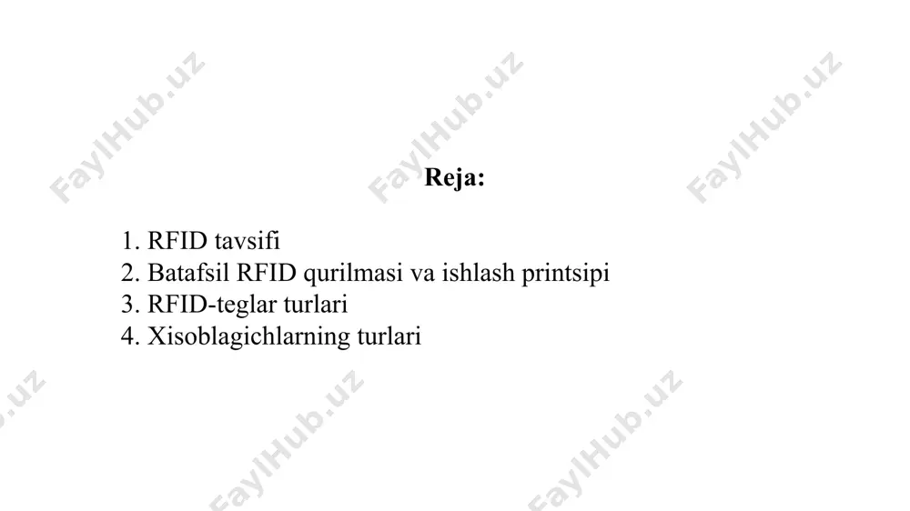 • rw - teg ma'lumotni bir necha bor yozadi va o'chiradi; • worm - ma'lumotni bir necha marta yozish va o'qish mumkin. siz ma'lumotni o'chira olmaysiz. kodlangan ma'lumotni uzatish chastotasi bo'yicha. rfid yorlig'i doirasi quyidagilarga bog'liq: • 860-960 mgts - super chastotali - omborlarni tashkil qilish uchun yaratilgan eng katta diapazonga ega; • 13,56 mgts - yuqori chastotali - logistika va to'lov tizimlarida ishlatiladigan arzon teglar; • 125-164 khz - past chastotali - hayvonlar va odamlarni maydalash uchun ishlatiladi, ulardan juda uzoq masofada ma'lumot o'qib bo'lmaydi; • unf - qisqa masofali transponderlar. ular yuqori namlik sharoitida ishlaydi, mahsulot qadoqlarida metall qismlar bo'lsa ham signal uzatadi. teg va xisoblagichning quvvati odatda bir xil bo'ladi, lekin ba'zida yorliq xisoblagich uzatganidan pastroq darajadagi signalni chiqaradi. xisoblagichlarning turlari transponderlarga ma'lumotlarni qabul qiluvchi va yozadigan qurilmalar quyidagi shaklda tayyorlanishi mumkin: • mobil qurilmalar - ko'pincha shaxsiy kompyuter yoki "bulut" bilan doimiy aloqasi yo'q, qisqa diapazonga …