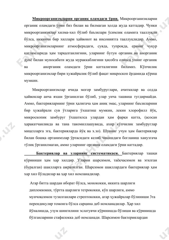 ўринишда бўлиши ва кўринишда бўлганларини стафилокка деб номланади. шарсимон бактериялардан спора ҳосил қилмайдиганларни бациллар дейилади. буралган шакллардаги бактериялар спириллалардир. верглсимон, озгина буралган шаклдаги бактерияларни вибрионал дейилади. ён ўсимтаси мавжуд бўлган узун таёқча ва ипсимон бактерияларни микобактериялар гуруҳига бирлаштирилган. кўп ҳужайрали ипсимон ва шилимшиқ ва шилимшиқ бактерияларни миксобактериялар дейилади. бактериялар шаклига қараб ҳар хил катталикда бўладилар. шарсимонларнинг диаметри 1-2 микрон цилиндрсимонларининг узунлиги 1-4 микрон, эни 0,5-1 микрон бўлса, олтингугурт бактерияларнинг узунлиги 50 микронгача боради. бактерияларнинг хилма-хиллиги ва кўплиги учун уларни ўрганишда маълум яқин белгиларга қараб классификациялангандир. бундай белгиларга а) морфологик белгилар: б) культурада намоён бўлган белгилари: в) физиологик белгилари киради. бактерияларни бир системага солишда кўп фикрлар бўлган. н.а.красильников бактерияларни хилма-хил группалардан иборат деб ҳисобланган ва 4та группага ажратган. 1. актиномицетлар. 2.бактериялар; 3.миксобактериялар; 4.спирохеталар. аммо, леймон ва неймонлар ҳамма бактериялар ва актиномицетларни шизомицетлар деган битта синфга киритиб, иккита таркибга ажратадилар. леймон ва неймонлар систематикасида бактерияларни оилага бўлишда спора ҳосил қилиш-қилмаслиги ташқи шаклга …