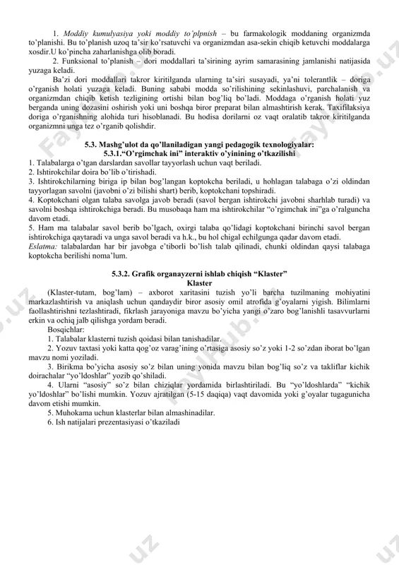 ko’pchilik dorilar notekis taqsimlanadi, ba’zilari esa bir qadar tekis taqsimlanishi mumkin. dori moddalarning taqsimlanishiga tarqalish yo’llarida joylashgan bir qancha tabiiy to’siqlar o’z ta’sirini ko’rsatadi. bularga kapillyar tomirlaning devorlari, xujayra devorlari, gematoensefalik, yo’ldosh to’siqlari kiradi. moddalarning organizmda to’planishi ularning oqsillar bilan hosil qiladigan birikmalarining mustahkamligiga bog’liqdir. dori moddalarning organizmda kimyoviy o’zgarishi ko’pgina dori moddalari organizmda har xil kimyoviy o’zgarishlarga uchraydi. bu jarayonlar har xil fermentlar, ayniqsa jigarning mikrosomal fermentlari ishtirokida amalga oshadi. moddalarning o’zgarishi – biotranformasiyasi ikki xil bo’lishi mumkin: 1. metabolik transformasiya 2. konyugasiya metabolik transformatsiya dori moddalarning oksidlanishi, qaytarilishi va parchalanishi hisobiga boradi. konyugasiya – murakkab biologik jarayon bo’lib, dori moddasiga yoki uning metabolitlariga bir qator kimyoviy guruhlar yoki biogen molekulalar birikishi natijasida yuz beradi. metabolik transformasiya va konyugasiya natijasida ko’pchilik moddalar o’z faolligini yo`qotadi, ba’zan esa ularning faolligi ortishi mumkin. dori moddalarning organizmdan chiqish yo’llari dori moddalar, ularning metabolitlari va konyugatlari siydik va o’t orqali organizmidan chiqib ketadi. …