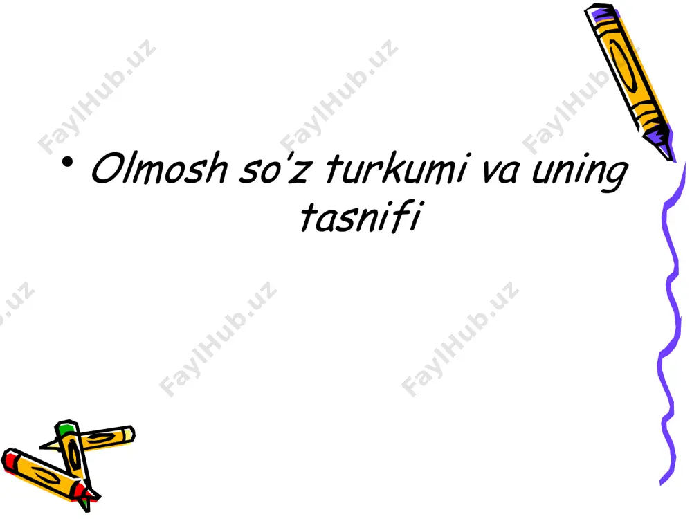 r so’roq gap hisoblanadi. har so’zi so’roq olmoshlariga, bir so’ziga qo’shilib to’pdan ajratilgan shaxs, narsa, belgilarni bildiradigan belgilash olmoshlarini hosil qiladi. hamma barcha, bari, butun olmoshlari esa shaxs, narsa, belgi, harakatlarni jamlab ifodalaydi. so’roq olmoshlariga alla-yoki –dir qo’shimchasini qo’shish yo’li bilan gumon olmoshlari hosil qilinadi. alla-qo’shimchasi so’roq olmoshlari oldidan, -dir qo’shimchasi esa so’roq olmoshlari so’ngidan qo’shiladi. har ikki qo’shimcha asos qism bilan qo’shib yoziladi. so’roq olmoshlari va bir,narsa,nima so’zlari oldidan hech so’zining qo’llanishi natijasida bo’lishsizlik olmoshlari hosil bo’ladi. hech kim,hech nima,hech qachon,hech qanday,hech qancha,hech narsa so’zlari bo’lishsizlik olmoshlari sanaladi va ular yozuvda ajratib yoziladi. bu olmoshlar ishtirok etgan gaplarning kesimi inkor shaklida bo’ladi. eski o’zbek tilida kamtarlik ifodasi sifatida men o’rnida ko’pincha kamina,kaminayi kamtaringiz,faqir,qulingiz, bandayi ojizingiz singari so’z va birikmalar qo’llangan. hozirgi o’zbek tilida ham xuddi shu ma’noda ba’zan men o’rnida kamina so’zi ishlatiladi. men olmoshi o’rnida yuqoridagi so’zlar ega vazifasida qo’llanganda, kesim ba’zan 3 shaxs shaklida,ba’zan esa 1 shaxs …