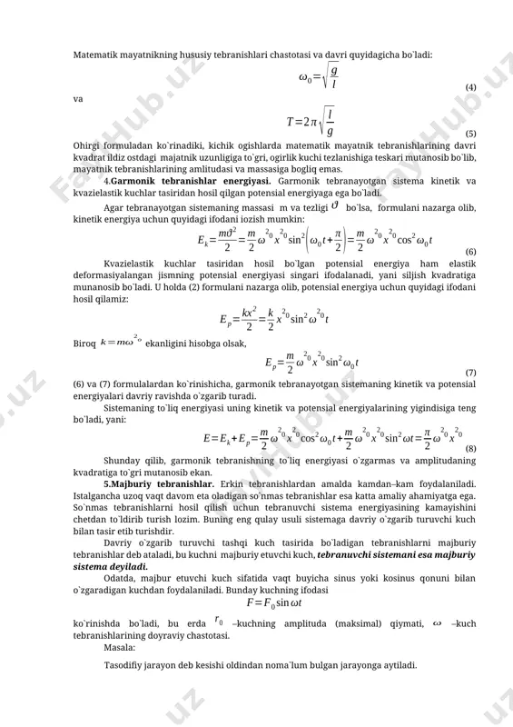trelkasi harakati yo`nalishiga teskari yo`nalishda o`zgarmas burchak tezlik bilan harakatlanayotgan bo`lsin (– rasm). u holda bu m nuqtaning vertikal diametrga bo`lgan proeksiyasi n nuqta o muvozanat vaziyati atrofida davriy tebranishda bo`ladi. bu proeksiyaning siljish kattaligi (xqon) xo dan –x0 gacha chegarada davriy o`zgaradi. vaqtning ihtiyoriy t paytida siljish kattaligi ekanligiri rasmdan ko`rinib turibdi. moddiy nuqtaning aylanish davri t uning sekundiga aylanishlar soni , burchak tezligi va radiusining burilish burchagi o`zaro quyidagi munosabatlar bilan boglangan bo`lgani uchun formulani yana quyidagi (1) ko`rinishlarda yozish mumkin: (2) vaqtning ihtiyoriy t paytida siljish kattaligini aniqlaydigan (48) formulalar garmonik tebranishlar tenglamalarining turli ko`rinishidir. x siljish 0 muvozanat vaziyatdan yuqoriga yo`nalgan bo`lsa–musbat, pastga yo`nalgan bo`lsa–manfii bo`ladi. muvozanat vaziyatdan maksimal siljishning x0 ga teng bo`lgan absolyut qiymati tebranish amlitudasi deyiladi. tebranma harakatlarni bayon qilishda t, va fizik kattaliklar aylanma harakatda atalganidan boshqacha nomlar bilan ataladi: t–tebranish davri, –tebranishlar chastotasi, –siklik yoki doyraviy chastota va tebranish fazasi deb …