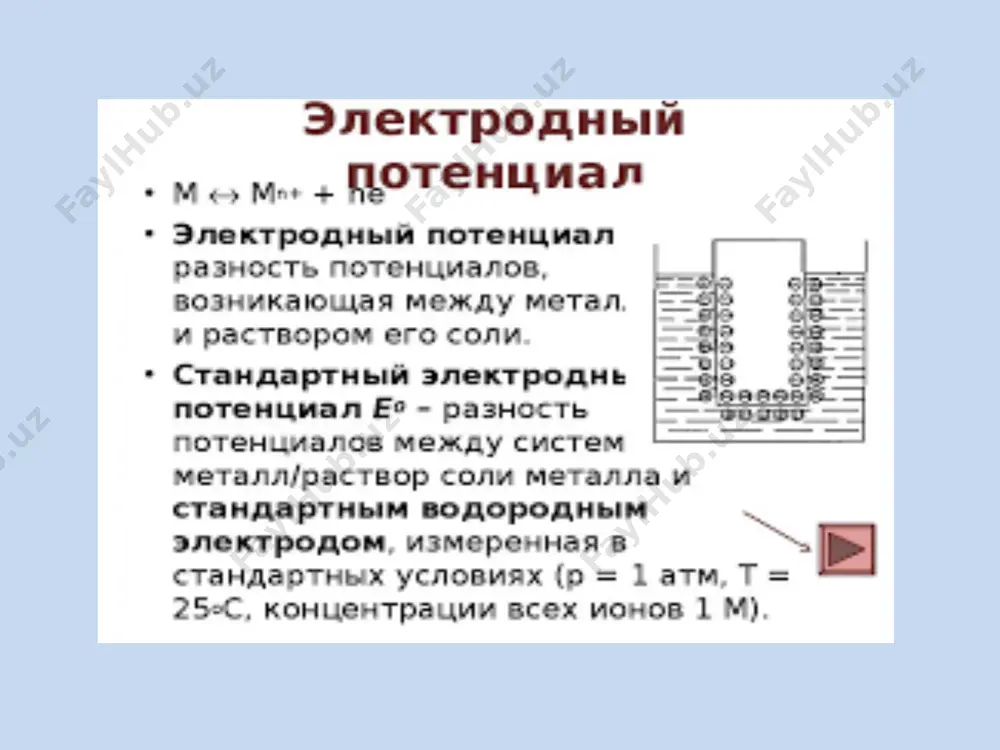 n kompensatsiyalanadi. so’ngra к2 kalitlar sinaladigan element qutbiga ulanadi va yuqoridagi kabi uning ham kompensatsiyalanish nuqtasi d aniqlanadi. u vaqtda: bundan (13.i) bu yerda ех, ев – tegishlicha tekshirilayotgan va veston elementining elektr yurituvchi kuchi; ac ad – veston va tekshirilayotgan elementlarning kompensatsiyalanish vaqtida reoxord simining qismlari. shunday qilib, formula yordamida har qanday galvanik elementning elektr yurituvchi kuchini o’lchash mumkin. elektr o’tkazuvchanlikning amaliy ahamiyati eritmamalarning elektr o’tkazuvchanligini o’rganish amaliy jihatdan ham katta ahamiyatga egadir. masalan, oz eriydigan tuzlarning eruvchanligini aniqlash, tuzlarning gidrolizlanish darajasini hisoblash kabi amallar eritmaning elektr o’tkazuvchanligini o’lchash orqali amalga oshiriladi. ishlab chiqarish jarayonlarida qo’llaniladigan xomashyo, tayyor mahsulotlar, kislota yoki ishqorlarni sinab ko’rish lozim bo’ladi. bunday hollarda ba‘zan eritma loyqa bo’lganidan kimyoviy titrlash usullari foyda bermaydi, chunki indikator tiniq rangni hosil qilmaydi. anashunday hollarda eritmaning elektr o’tkazuvchanligini aniqlab, to’g’ri natija olish mumkin. eritmalarda н+ va он- ionlar elektr maydonida barcha ionlarga qaraganda tez harakat qiladi. shu sababli kislota …