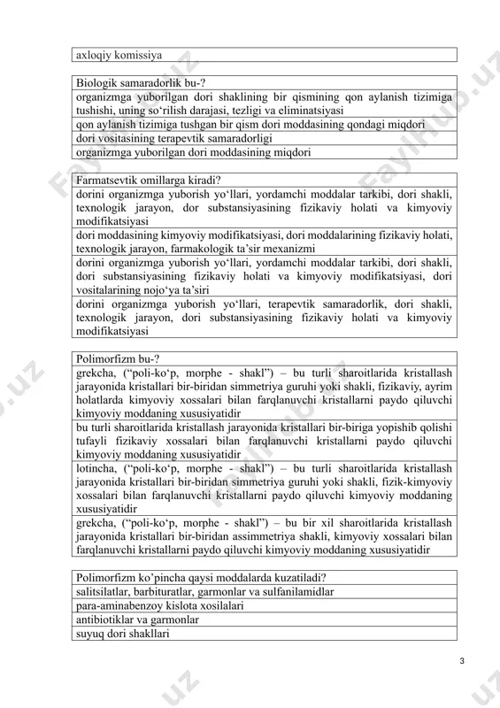 i polimorfizm bu-? grekcha, (“poli-ko‘p, morphe - shakl”) – bu turli sharoitlarida kristallash jarayonida kristallari bir-biridan simmetriya guruhi yoki shakli, fizikaviy, ayrim holatlarda kimyoviy xossalari bilan farqlanuvchi kristallarni paydo qiluvchi kimyoviy moddaning xususiyatidir bu turli sharoitlarida kristallash jarayonida kristallari bir-biriga yopishib qolishi tufayli fizikaviy xossalari bilan farqlanuvchi kristallarni paydo qiluvchi kimyoviy moddaning xususiyatidir lotincha, (“poli-ko‘p, morphe - shakl”) – bu turli sharoitlarida kristallash jarayonida kristallari bir-biridan simmetriya guruhi yoki shakli, fizik-kimyoviy xossalari bilan farqlanuvchi kristallarni paydo qiluvchi kimyoviy moddaning xususiyatidir grekcha, (“poli-ko‘p, morphe - shakl”) – bu bir xil sharoitlarida kristallash jarayonida kristallari bir-biridan assimmetriya shakli, kimyoviy xossalari bilan farqlanuvchi kristallarni paydo qiluvchi kimyoviy moddaning xususiyatidir polimorfizm ko’pincha qaysi moddalarda kuzatiladi? salitsilatlar, barbituratlar, garmonlar va sulfanilamidlar para-aminabеnzoy kislota xosilalari antibiotiklar va garmonlar suyuq dori shakllari dorilarning kristallik holatiga ta’sir etuvchi omillar? olinish usuli, quritish, maydalash va saqlash dorilarning organizmga kirishi dorilarni miqdori va chinligini aniqlash maydalash va saqlash dori vositalarining …