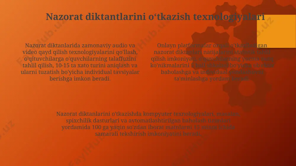 asosiy mezonlar hisoblanadi. so'zlarning to'g'ri yozilishi (kamida 95% to'g'ri) va matn mazmunini tushunish darajasi (5 ball shkalasi bo'yicha baholanadi) ham nazorat diktantini baholashda muhim ahamiyatga ega. nazorat diktantlarida imlo xatolarini tahlil qilish imlo xatolarining turi (masalan, unlilarning noto'g'ri yozilishi, bo'g'inlarning noto'g'ri ajratilishi) va sonini tahlil qilish orqali o'quvchilarning qiyinchiliklarini aniqlash va individual yondashuvni shakllantirish mumkin. nazorat diktanti natijalariga ko'ra, 70% dan kam to'g'ri yozilgan so'zlarga ega bo'lgan o'quvchilarga qo'shimcha imlo qoidalari bo'yicha testlar o'tkazish va takrorlash tavsiya etiladi. nazorat diktantlarida 100 so'z ichida 5 tadan ortiq imlo xatosi aniqlangan o'quvchilarning yozma nutq ko'nikmalarini yaxshilash bo'yicha qo'shimcha mashg'ulotlar rejalashtirish zarur. ballarni qoʻyish va baholash tizimi yozma ishni baholashda 100 ballik tizimdan foydalaniladi, bunda imlo, punktuatsiya va umumiy savodxonlik bo'yicha alohida ballar qo'yiladi, yakuniy ball ularning o'rtacha arifmetik qiymatiga teng bo'ladi. ballarni qo'yishda har bir diktantdagi xatolar soni (o'rtacha 100 so'z uchun 5 tadan ortiq bo'lmasligi kerak) va ularning turi (imlo, punktuatsiya, …