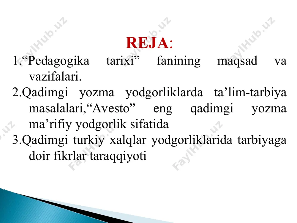 a tarixi fanining manbalariga quyidagilar kiradi: o’zbekiston respublikasining konstitutsiyasi, “ta’lim to’g’risida”gi qonun va “xalq og’zaki ijodi”, “avesto”, “urxun-enasoy bitiklari”, qur’oni karim, hadislar, al-xorazmiy, ahmad al-farg’oniy, abu nasr forobiy, abu rayhon beruniy, ibn sino, yusuf xos hojib, ahmad yugnakiy, kaykovus, sa’diy, abdurahmon jomiy, alisher navoiy, koshifiy, ulug’bek, amir temur va boshqa mutafakkirlarning, shuningdek, ma’rifatparvar shoirlar va jadidlarning pedagogik asarlari, turli davrlarda yaratilgan o’quv rejalari, dasturlari, darsliklar, o’quv qo’llanmalari, arxiv materiallari va ta’lim-tarbiya muassasalari faoliyatiga doir boshqa hujjatlari. pedagogika tarixi – ta’lim-tarbiyaning tarixiy tajribasini, jahon madaniyatini rivojlanishi (tsivilizatsiyasi, ya’ni tamadduni)ni hozirgi zamon bilan, har bir xalq madaniy va pedagogik fikrlari taraqqiyotini butun insoniyatning tsivilizatsiyasi (tamadduni) bilan uzviy bog’liq holda o’rganishni taqozo etadi. pedagogik-tarixiy hodisalar, g’oyalar, nazariyalar, qarashlarni bayon etish mantiqi va xarakteri pedagogika tarixi fanini talabalar tomonidan oson o’zlashtirishiga imkon yaratadi. taniqli pedagog olim malla ochilovning ta’kidlashicha, o’zbekistonda pedagogika tarixini yaxlit, yagona madaniy, pedagogik tarixiy jarayon sifatida yoritish uchun shartli ravishda quyidagicha …