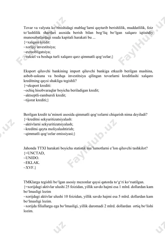 atli qog‘ozlar emissiyasi;} jahonda ttxi harakati boyicha statistik ma’lumotlarni e’lon qiluvchi tashkilot? {=unctad, ~unido. ~eklak. ~xvf.} tmklarga tegishli bo‘lgan asosiy mezonlar qaysi qatorda to‘g‘ri ko‘rsatilgan. {=xorijdagi aktivlar ulushi 25 foizidan, yillik savdo hajmi esa 1 mlrd. dollardan kam bo‘lmasligi lozim ~xorijdagi aktivlar ulushi 10 foizidan, yillik savdo hajmi esa 5 mlrd. dollardan kam bo‘lmasligi lozim. ~xorijda filiallarga ega bo‘lmasligi, yillik daromadi 2 mlrd. dollardan ortiq bo‘lishi lozim. ~xorijda ko‘pi bilan uchta filialga ega bo‘lishi va xorijdagi aktivlar ulushi 15 foizidan kam bo‘lishi lozim.} birlashish – {=ikki va undan ortiq xo‘jalik yurituvchi sub’ektlarning birlashishi bo‘lib, natijada yangi, birlashgan iqtisodiy birlik shakllanishi ~bir kompaniyaning turli xildagi mahsulotlar ishlab chiqarishga ixtisoslashuvi. ~bir kompaniya tomonidan ikkinchi kompaniyaning aktsiyalarini sotib olinishi. ~kompaniya ustav kapitalining 30 foizdan ortig‘ini egallash yo‘li bilan amalga oshiriladigan hodisa.} transmilliylashuv indeksi nimani ifodalaydi. {=korporatsiyalarning xorijdagi mahsulot va xizmatlar ishlab chiqarish jarayonidagi ishtirokini ifodalaydi ~korporatsiyalarning asosiy mamlakatdagi ishlab chiqarish jarayonidagi ishtirokini ifodalaydi. …