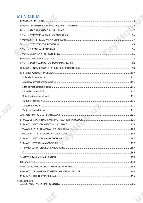 tatistika, statistik tadqiqot, statistik to`plam, statistik ma`lumot, statistik ko`rsatkichlar. 1.1. statistikaning paydo bo`lishi va rivojlanishi insonlarda oddiy hisoblarni amalga oshirish zamriyati tug'ilganda, bu ishni ular qo'lidagi barmoqlari yordamida bajarganlar. lamiyatda ishlab chiqarish kuchlarining rivoj lanishi natijasida insonlar hisob-kitoblarni qo·l barmoqlari bilan emas. balki ayrim predmetlar orqali bajarishgakirishdilar. masalan, grek tarixchisi gerodotning (eramizdan oldingi 484-420 yillarda yashagan) ta'kidlashicha, qadimiy fors podshohi dariya o'z qo'shinlarining soni to'g'risida ma'lumotga ega bo'ush uchun har bir askarga bir donadan toshni olib kelib bir yerga to'plashni buyuradi. xuddi shunday ishni skiflar podshosi ariant ham bajaradi. ariant toshni emas, kamonning mis uchini to'plashni buyuradi. keyinchalik, insoniyat hisob-kitoblar olib borish texnikasining yangi pog'onasiga o'tadi, ya'ni boshlang'ich schyotlar paydo bo'la boshlaydi. ularning tarixi bir necha ming yillarga borib taqaladi. ular, avvalo, xitoyda svau-pau (suan-pan) nomlari bilan paydo bo'lgan, keyinchalik yaponiyada saroban nomi biian. bundan ikki ming yillar avval bunday schyotlar gretsiya va rim maktablarida ham qo'llanilgan. hisob-statistika ishlarining rivojlanishiga …