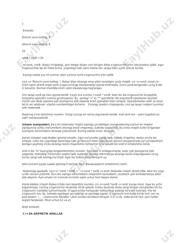 nb; cout > sona; amali cin kirish oqimi ob'ekti orqali sona o'zgaruvchisiga klaviaturadan qiymat kiritmoqda. sonni yozib bo'lgandan so'ng enter ni bosamiz. normal sharoitda kirish oqimi klaviaturaga bog'langan. shu tariqa sonb ga ham qiymat berdik. keyin esa summa = sona * sonb; bilan biz ikki o'zgaruvchini ko'paytirib, ko'paytma qiymatini summa ga beryapmiz. bu yerdagi "=" va "*" operatorlar ikki argumentli operatorlar deyiladi, chunki ular ikkita operand yoki boshqacha qilib etkanda kirish qiymatlari bilan ishlaydi. operatorlardan oldin va keyin bo'sh yer qoldirsak, o'qishni osonlashtirgan bo'lamiz. ekranga javobni chiqarganda, cout ga tayyor natijani (summa) yoki matematik ifodaning o'zini berishimiz mumkin. ohirgi cout ga bir-necha argumentni berdik. endl (end line - satrni tugatish) bu oqim manipulyatoridir (stream manipulator). ba'zi bir sistemalar chiqish oqimiga yo'naltirilgan ma'lumotlarning ma'lum bir miqdori yig'ilguncha ushbu ma'lumotlarni ekranga bosib chiqarmay, buferda saqlashadi. va o'sha chiqish buferi to'lgandan keyingina ma'lumotlarni ekranga yuborishadi. buning sababi shuki, ekranga bosish nisbatan vaqt jihattan …