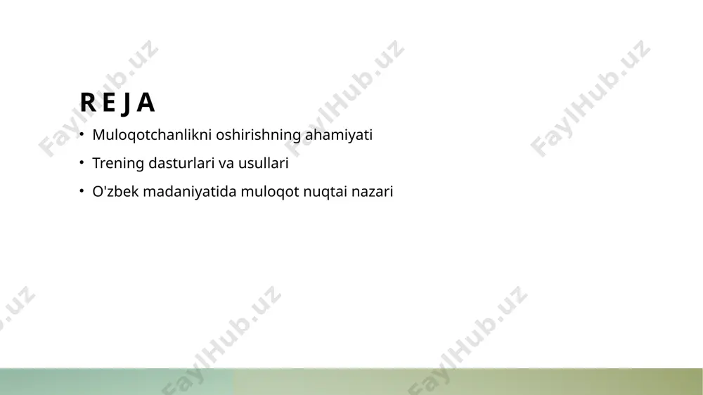 ik va ish munosabatlarini rivojlantiradi, shuningdek, ijtimoiy muhitda ishonchni oshiradi. treninglar orqali muloqotchanlikni kuchaytirishning amaliy usullari. 1 treninglar va muloqot - treninglar muloqot ko'nikmalarini oshirishda muhim rol o'ynaydi, ular ishtirokchilarga yangi strategiyalar va amaliyotlarni o'rgatadi. 2 rollar o'yinlari - rollar o'yinlari ishtirokchilarga turli vaziyatlarda muloqot qilish imkonini beradi, bu esa ularning o'zaro tushunishini va hissiy intuitsiyasini oshiradi. 3 guruh muhokamalari - guruh muhokamalari ishtirokchilarga fikr almashish imkonini beradi, bu esa ko'proq ochiq fikrlash va turli nuqtai nazarlarni qabul qilishga yordam beradi. muloqotchanlikni oshirishga qaratilgan trening dasturlarining o'ziga xosligi. 1 trening maqsadlari muloqotchanlikni oshirishga qaratilgan trening dasturlari, ishtirokchilarning shaxsiy va professional maqsadlariga mos ravishda, o'ziga xos strategiyalarni taklif etadi. 2 o'ziga xos metodologiya ushbu treninglar, interaktiv usullar va amaliy mashg'ulotlar orqali, ishtirokchilarga muloqot ko'nikmalarini rivojlantirishda zamonaviy yondashuvlarni qo'llaydi. 3 madaniyatga moslik o'zbek madaniyatiga moslashtirilgan dasturlar, muloqot jarayonida milliy an'analarni va qadriyatlarni hisobga olgan holda, ishtirokchilarni yaxshilashga qaratilgan. interaktiv trening usullari: nazariyadan …