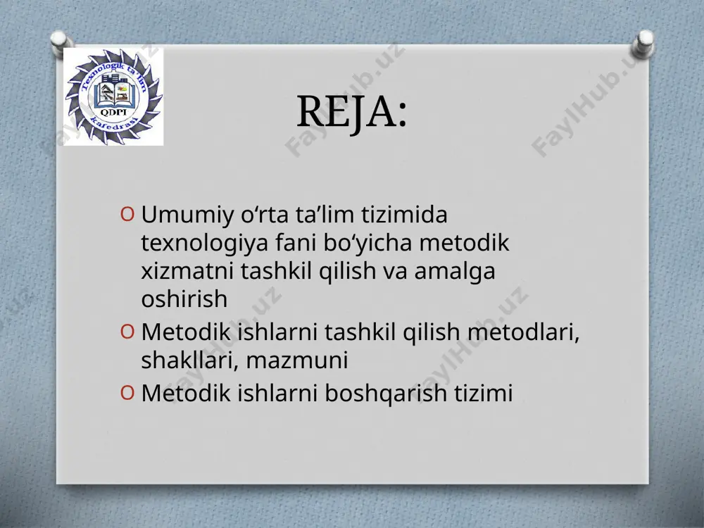 i ko‘zda tutish (bajarish muddatlari va vazifalari bo‘yicha); rejalarni ta’lim-tarbiya va metodik ishning ahvoli va natijalarini har tomonlama chuqur o‘rganish hamda tahlil qilish asosida ishlab chiqish; rejalarning ijodiy xarakteri, ya’ni ularni bajarishda ishtirok etuvchi xodimlarning tashabbusi va ijodkorligini namoyish etilishga zarur imkoniyat yaratish; metodik ishlarning jamoaviy va individual shakllarini uyg‘un qo‘shib olib borish; tezkor tekshirish mumkinligi (yozuvlar va bajarish muddatlarining aniqligi ijrochilarning ko‘rsatilishi). 2. metodik ishlarni tashkil qilish metodlari, shakllari, mazmuni o‘quvchilarga ta’lim va tarbiya berishda texnologiya fani o‘qituvchisi yetakchi rol o‘ynaydi. ta‘lim-tarbiya jarayonining ahvoli, o‘quvchilarning tayyorgariik darajasi o‘qituvchi kasbiy malakasiga, pedagoglik mahoratiga, madaniyat darajasiga bog‘liq. yakka tartibgi metodik ish butun o‘quv yiliga tuzilgan reja bo‘yicha olib boriladi. unda o‘qituvchi, ya‘ni muhandis-pedagog o‘z pedagoglik mahoratini va bilimini chuqurlashtirish maqsadida yakka tartibdagi metodik topshiriqlarni bajarishi nazarda tutiladi. ularga quyidagilar kiradi; pedagogik mavzular bo‘yicha ma’ruzalar tayyorlash; o‘quv dasturining eng qiyin mavzulari bo‘yicha metodik ko‘rsatmalar tuzish; anchagina mehnat qilinishi talab qilinadigan muammoli izlanishlar. …