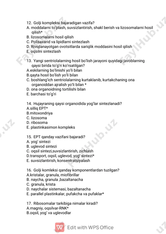 faklar* 17. ribosomalar tarkibiga nimalar kiradi? a.magniy, oqsilvar-rnk* b.oqsil, yog’ va uglevodlar c.oqsilva dnk, r-rnk d.polimeraza, atf, oqsil, r-rnk e.oqsil, r-rnkvai-rnk 18. xromosomaning elementar qismi nima? a.oqsil va dnk b.mineral tuzlar va dnk c.yog’lar va uglevodlar, dnk d.oqsil va yog’lar e. uglevod, yog’ va mineral tuzlar, dnk 19. xromatinni tarkibiga qanday oqsillar kiradi? a.oddiy va murakkab oqsillar b.gistonli va gistonli bo’lmagan oqsillar* c. birlamchi strukturaga ega bo’lgan oqsillar d.birlamchi va ikkilamchi strukturaga ega bo’lgan oqsillar e.faqat to’rtlamchi strukturaga ega bo’lgan oqsillar 20. xromosomaning geteroxromatin qismi nima? a.bo’yovchi moddalarni yaxshi qabul qiladigan spirallashgan qismlar* b.kuchsiz bo’yaladigan despirallashgan qismlar c. xromasomaning o’rta qismi d. xromasoma yelkanlarining uchi e. birlamchi oqsillar joylashgan qismida 21. sentromeralar joylashishiga qarab qanday xromasomalar farqlanadi? a.metasentrik,submetasentrik,akrosentrik* b.autosomalar,jinsiy xomasomalar c.geteroxromasomalar,telosentrik xromasomalar d.metasentrik,submetasentrik,politen e.politen,metasentrik,akrosentrik 22. i-rnkning funksiyasi qaysi? a.aminokislotalarni sintez joyiga tashiydi b. dnk molekulsidagi axborotni ko’chirib oladi* c. oqsil molekulasi haqidagi ma`lumotni sitoplazmaga olib keladi d. oqsil sintezida amiokislotalarni …