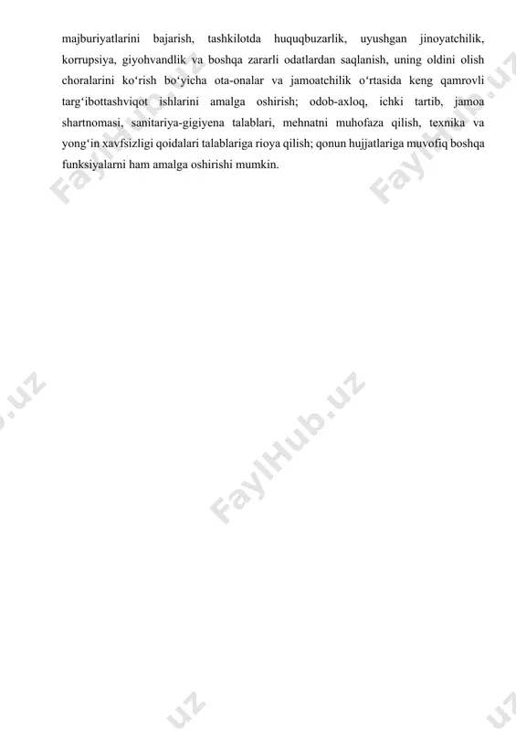 arga bu boʻyicha vakolati doirasida topshiriqlar berish va ularning bajarilishini nazorat qilish, xodimlarning kasbiy mahorati, kreativligi va metodik salohiyatini oshirish ishlarini tashkil etish; tashkilotni oʻquv-didaktik, metodik va koʻrgazmali materiallar, oʻyin, oʻyinchoqlar va musiqa asboblari bilan jihozlashga boʻlgan ehtiyojni aniqlash va rahbariyatga taklif kiritish; 7 tashkilotda ichki mehnat tartibi qoidalari, jamoa shartnomasi, sanitariya qoidalari va gigiyena normalariga, shuningdek, mehnatni muhofaza qilish, texnika va yongʻin xavfsizligi qoidalariga qatʼiy rioya qilishni taʼminlash, pedagog xodimlarga metodik yordam berish, pedagogik faoliyatni tahlil qilish, pedagog xodimlarning tasdiqlangan ish rejalarda belgilangan vazifalar bajarilishini nazorat qilish; tashkilotda pullik va pulsiz toʻgaraklar faoliyatini yuritishni taʼminlash va uning maʼnaviy-maʼrifiy, tarbiyaviy ishlarini muvofiqlashtirish va yoʻnaltirish; direktor mehnat taʼtili, kasallik varaqasiga chiqqan hamda malaka oshirishga ketgan vaqtlarda uning lavozim majburiyatlarini bajarish, tashkilotda huquqbuzarlik, uyushgan jinoyatchilik, korrupsiya, giyohvandlik va boshqa zararli odatlardan saqlanish, uning oldini olish choralarini koʻrish boʻyicha ota-onalar va jamoatchilik oʻrtasida keng qamrovli targʻibottashviqot ishlarini amalga oshirish; odob-axloq, ichki tartib, jamoa …