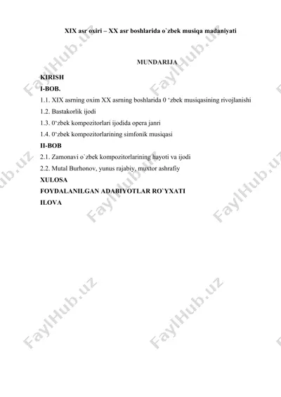 xix asr oxiri – xx asr boshlarida o'zbek musiqa madaniyati — DOCX