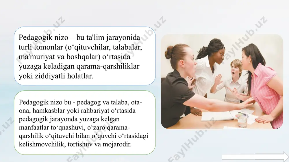 aratish, ularni o‘z o‘rnini topishga yordam beradi. yosh pedagoglar faoliyatida odatda yo'l qo'yiladigan xatolar va ularni yengish yo'llari o'quvchilar bilan aloqa qilish yosh pedagoglar ko'pincha o'quvchilar bilan to'g'ri aloqa o'rnatishda qiyinchiliklarga duch kelishadi. dars tayyorlash darsni qanday samarali tayyorlashni, o'quvchilarning yosh va qiziqishlarini hisobga olishni bilmaslik, xatolarga olib kelishi mumkin. tajribali o'qituvchilar bilan hamkorlik tajribali o'qituvchilarning maslahatlarini inobatga olmaslik, xatolarga olib kelishi mumkin. 21 foydalanilgan adabiyotlar ro'yxati: ochilov m. yangi pedagogik texnologiyalar. - qarshi.: nasaf, 2000. tolipov o'., usmonboyeva m. pedagogik texnologiyalaming tadbiqiy asoslari. -т.: 2005. avliyakulov n. x., musayeva n. n. pedagogik texnologiya. oliy o'quv yurtlari uchun darslik. azizxodjayeva n.n. pedagogicheskiye texnologii i pedagogicheskoye masterstvo. -tashkent: moliya, 2002. azizxodjayeva n.n. pedagogik texnologiya va pedagogik mahorat - т.: fan, 2006. image1.png image2.png image3.png image4.png image5.png image6.png image7.png image8.png image9.png image10.png image11.png image12.png image13.png image14.png image15.png image16.png image17.png image18.png image19.png image20.png
