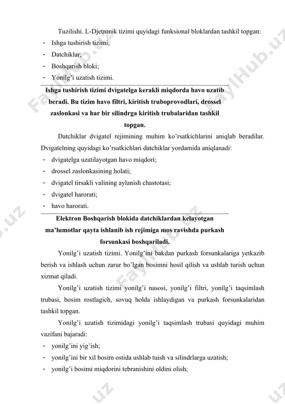 rkash forsunkasi (2-rasm) quyidagilardan tashkil topgan: 1-filtr, 2-elektromagnit o’rami, 3-elektromagnit yakori, 4-purkash ignasi, 5- elektr ulagich. ishlash prinsipi. tok berilmagan holda purkash ignasi prujina ta’sirida o’rindiqqa siqilib turadi. agar elektromagnitga elektr impulsi berilsa, igna 0,1 mm masofaga o’rindiqdan ko’tariladi va igna va o’rindiq oralig’ida tirqish paydo bo’ladi va shu tirqishdan yonilg’i purkaladi. forsunka klapanining ochilish va yopilish vaqti 0,6-2,0 ms tashkil etadi. har bir dvigatel uchun purkash burchagi va kiritish klapaniga bo’lgan masofa har xil bo’ladi. shuning uchun har bir dvigatelga (ishchi xajmi, yonish kamerasi, kiritish klapanlarining joylashishi, kiritish trubalarining shakli) o’zining forsunkasi o’rnatilishi kerak. forsunka kronshteyiga maxsus rezina detallari orqali biriktiriladi. bu issiqlikdan vibratsiya benzin bug’lari hosil bo’lishdan saqlaydi. yonilg’i nasosi 2 – elektr yuritmali bo’lib benzinli bakdan to’xtovsiz xaydab beradi. yonilg’i nasosi yonilg’i baki ichida yoki yonilg’i bakidan tashqarida joylashgan bo’lishi mumkin. yonilg’i nasosi 600 kra gacha bosim hosil qilishi mumkin. yonilg’i filtri 3. yonilg’ini doimo tozalab turish …