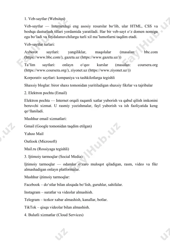 dunyodagi mashhur universitetlar tomonidan yaratilgan onlayn kurslar. harvard, mit, stanford va boshqa nufuzli o‘quv yurtlari darslarini o‘z ichiga oladi. 7. pubmed – pubmed.ncbi.nlm.nih.gov (https://pubmed.ncbi.nlm.nih.gov/) tibbiyot va sog‘liqni saqlash sohasidagi ilmiy maqolalar. dunyo bo‘yicha ishonchli tibbiy tadqiqotlar joylashtiriladi. 8. un va who saytlari un.org – bmt rasmiy sayti. who.int – jahon sog‘liqni saqlash tashkiloti (jsst) rasmiy sayti. global siyosat, sog‘liq 2 internet resurslarining taʼlim jarayoniga foydasi juda katta va bugungi kunda ular zamonaviy o‘qitishning ajralmas qismiga aylangan. quyida bu resurslarning asosiy foydali jihatlarini to‘liq va tushunarli tarzda keltiraman: internet resurslarining taʼlim jarayoniga foydalari 1. axborotga tezkor kirish internet orqali o‘quvchilar va o‘qituvchilar istalgan mavzuda tez va oson maʼlumot topa oladilar. elektron ensiklopediyalar (masalan: wikipedia) va ilmiy maqolalar platformalari (masalan: google scholar) taʼlimni chuqurlashtiradi. 2. masofaviy taʼlim imkoniyati onlayn platformalar orqali istalgan joydan taʼlim olish mumkin (masalan: coursera, khan academy, ziyonet). pandemiya davrida bu imkoniyat ayniqsa dolzarb bo‘ldi. 3. interaktiv o‘qitish metodlari …