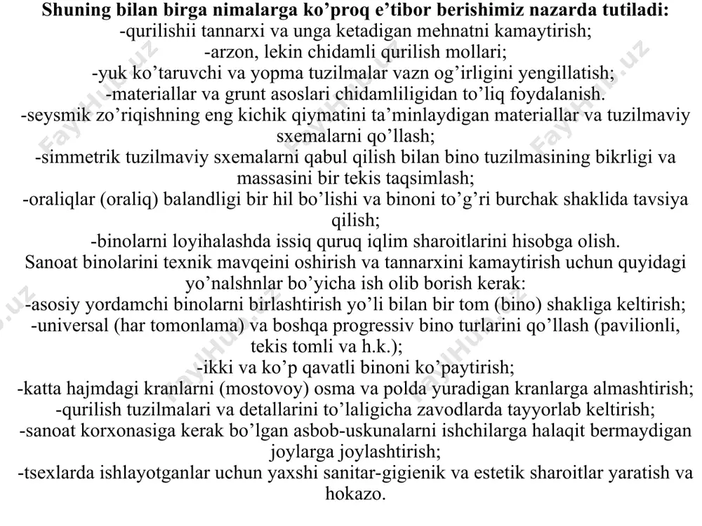 iga (kapitalnostg) qarab quyidagi guruhlarga bo’linadi: -ishlab - chiqarish, korxonani asosiy texnologik jarayoni joylashadi (prokat, yig’ish, to’qish, konditer tsexlari) -yordamchi ishlab chiqarish, qo’shimcha ishlab chiqarish korxonalari joylashadi (ta’mirlash, asbob uskunalar turadigan joy va h.k.); -energetik, korxonalarni elektr energiyasi, gaz, qisilgan havo, par bilan ta’minlab turadi (tes, kompressorlar, gazogeneratorlar va h.k.) -transport, korxona ixtiyorida bo’lgan transportlarni ishlatish va joylashtirish binolari (garajlar, elektrovoz); -omborlar, ishlab chiqarishga kerak bo’lga’ xom ashyoni saqlash va chiqarilgan mahsulotlarni joylashga xizmat qiladi; -sanitar - texnik, korxonani suv, chiqindi, hamda atrof muhitni tozalash binolari (tozalovchi nasos stanqiyalari, suv to’plash minoralar, suv hovuzlari) kiradi; -umum korxona va yordamchi binolar, bundan tashqari sanoat korxonalarini maxsus inshootlariga quyidagilar kiradi, (rezervuar, trubalar, machtalar, gradirnilar). sex ichidagi ko’tarish - tashish jihozlari keltirilayotgan xom-ashyolarni va tayyor bo’lgan mahsulotlarni olib qo’yish, ko’tarish tsex ichidagi ko’tarish - tashish jihozlari orqali amalga oshiriladi. ko’tarish-tashish jihozlari ishlashiga qarab 2 guruhga bo’linadi: vaqti - vaqti bilan va to’xtovsiz harakat …
