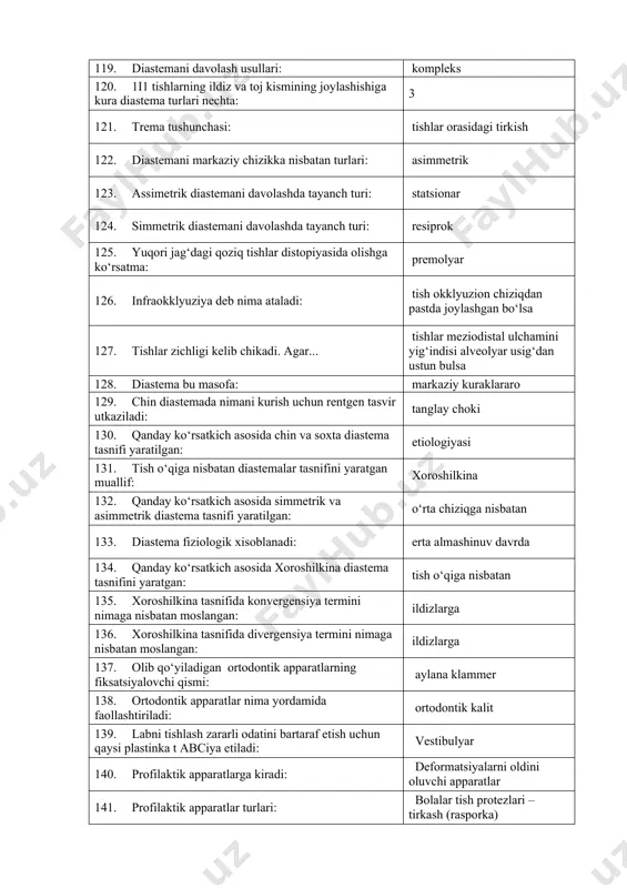 ri: asimmetrik 123. assimetrik diastemani davolashda tayanch turi: statsionar 124. simmetrik diastemani davolashda tayanch turi: resiprok 125. yuqori jag‘dagi qoziq tishlar distopiyasida olishga ko‘rsatma: premolyar 126. infraokklyuziya deb nima ataladi: tish okklyuzion chiziqdan pastda joylashgan bo‘lsa 127. tishlar zichligi kelib chikadi. agar... tishlar meziodistal ulchamini yig‘indisi alveolyar usig‘dan ustun bulsa 128. diastema bu masofa: markaziy kuraklararo 129. chin diastemada nimani kurish uchun rentgen tasvir utkaziladi: tanglay choki 130. qanday ko‘rsatkich asosida chin va soxta diastema tasnifi yaratilgan: etiologiyasi 131. tish o‘qiga nisbatan diastemalar tasnifini yaratgan muallif: xoroshilkina 132. qanday ko‘rsatkich asosida simmetrik va asimmetrik diastema tasnifi yaratilgan: o‘rta chiziqga nisbatan 133. diastema fiziologik xisoblanadi: erta almashinuv davrda 134. qanday ko‘rsatkich asosida xoroshilkina diastema tasnifini yaratgan: tish o‘qiga nisbatan 135. xoroshilkina tasnifida konvergensiya termini nimaga nisbatan moslangan: ildizlarga 136. xoroshilkina tasnifida divergensiya termini nimaga nisbatan moslangan: ildizlarga 137. olib qo‘yiladigan ortodontik apparatlarning fiksatsiyalovchi qismi: aylana klammer 138. ortodontik apparatlar nima yordamida …