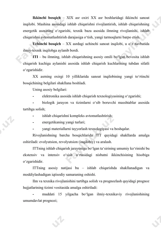sadli ilmiy-texnik dasturlari. ko‘rsatilgan hujjatlarni davlatning ilmiy-texnikaviy siyosati birlashtiradi. ilmiy-texnikaviy rivojlanishning umumdavlat prognozida quyidagilar mavjud: - mahalliy va jahon ilmiy-texnikasida erishilgan muhim yutuqlarning texnikiqtisodiy baholanishi; · ilmiy texnik yutuqlarini xalq xo‘jaligida ishlatilishi haqidagi xulosalar; - iтт bosh yo‘nalishlarini va birlamchi tarmoqlararo ilmiy-texnik masalalarni aniqlash; · bu masalalarni yechish bevosita va yo‘llarining variantlari; - iттning ijtimoiy-iqtisodiy oqibatlarini baholash. 3. iттni turli rivojlanish bosqichlardagi vazifalari. prognozda ko‘rsatilgan yo‘nalishlar mamlakat ilmiy-texnik rivojlanishining uzoq muddatli strategiyasi doirasida global xarakterga ega. хususiy ilmiy-texnik prognozlarni ishlab chiqarish jarayonida prognozlashtirish ob‘ekti sifatida iттning turli yo‘nalishlari hamda innovatsion siklning asosiy bosqichlari qatnashishi mumkin. perspektiv (5-10 yil) va yillik xususiy ilmiy-texnik prognozlar iттni davlat tomonidan tartibga solishda muhim rol o‘ynaydi. ular boshqarishning barcha darajalarida ishlab chiqarilishi mumkin (mamlakatning xalq xo‘jaligi, respublika, viloyat, tarmoqlararo kompleks, tarmoq, tashkilot). davlatning maqsadli ilmiy-texnik dasturlari umumdavlat va tarmoqlararo xarakterga ega bo‘lgan eng perspektiv ilmiy-texnik yo‘nalishlarning muhim muammolari bo‘yicha ishlab chiqariladi. bu dasturlar texnikaning yangi …