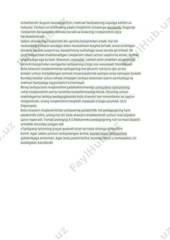 : uning mazmuni boyiydi va murakkablashadi, shakllari o‘zgaradi, o‘sayotgan odam shaxsiga ta'sir ko‘rsatish usullari tobora xilma-xil bo‘lib boradi. tarbiyaning o‘zgarishi bolaning «eng yaqin rivojlanish zonalari» (l. s. vigotskiy) bilan bog‘lik bo‘lib, ular ancha murakkab mazmundagi bilimlar, ko‘nikmalar, faoliyat turlari va hokazolarni o‘zlashtirishga ruhiy-fiziologik imkoniyatlar paydo bo‘lishi bilan ajralib turadi (masalan, emaklashdan keyin yurish; bijir-bijirdan keyin faol nutqni o‘zlashtirish; ancha miqdordagi tasavvurlarga ega bo‘lgandan keyin tushunchalar darajasidagi bilimlarni o‘zlashtirish; buyum asosidagi o‘yin, mehnat faoliyatining vujudga kelishi va hokazo). tarbiya va ta'lim «eng yaqin rivojlanish zonasi»ga asoslanib, bugungi rivojlanish darajasidan oldinda boradi va bolaning rivojlanishini olg‘a harakatlantiradi. odam shaxsining rivojlanishi bir qancha bosqichdan o‘tadi. har bir navbatdagi bosqich avvalgisi bilan mustahkam bog‘liq bo‘ladi, avval erishilgan bosqich yanada yuqoriroq, bosqichning tuzilishiga uzviy tarzda qo‘shiladi. ilk yosh bosqichida shakllanadigan rivojlanish odam uchun vaqtincha emas, doimiy ahamiyatga ega bo‘ladi. mazmun, metodlar, tashkil etish shakllari aloqadorligi birinchi bosqichdan oxirigacha tarbiyaning o‘ziga xos xususiyati hisoblanadi. bola shaxsini …
