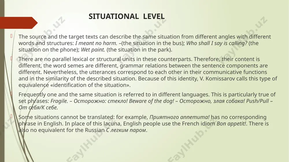 nsformations, complex (lexical and grammatical) transformations. translation transcription a practical transcription is an interlinguistic operation as it deals with two languages: the sounds of the source language word are rendered by the letters of the target languge: anchorage – анкоридж, oakland - окленд. because the english (latin) and russian (cyrillic) alphabets and sounds do not coincide, there are special rules for representing english sounds by russian letters and russian sounds by english letters. 1. transcribing english sounds with russian letters: interdental [ d] correspond to the russian т: thatcher – тэтчер, thackeray – теккерей. sometimes these sounds correspond to the russian c, which is a bit outdated: galsworthy – голсуорси. in greek words, the interdental sound is rendered by the russian ф: athens – афины, themistocles – фемистокл. the english [w] is transmitted by the letter у if followed by a vowel: william – уильям, wilder – уайлдер. but when …