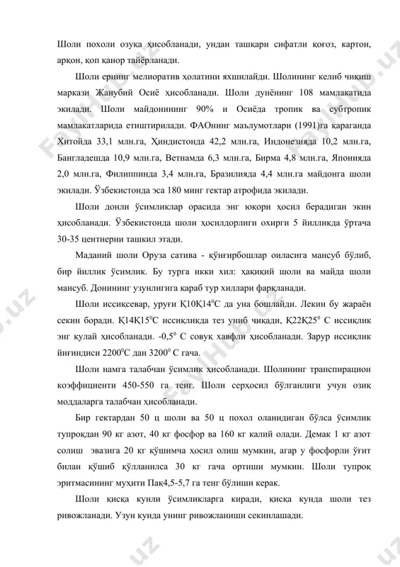 50 туп атрофида ва 450-500 та унумдор рувакли поя бўлган тақдирда шолидан мўл ҳосил олинади. ўзбекистон шароитида доимий сув бостириб суғориш усули қўлланилади. бунда шоли экишдан олдин ёки экиб бўлиш биланоқ полларга сув бостирилади ва доннинг мум пишиқлик давригача шу ҳолатда сақланади. бундан ташқари шоличиликда қисқа муддат сув бостириб суғориш усули ҳам қўлланилади. уруғ экилгандан кейин полларга дарҳол сув бостирилади ва 3-5 кунгача сув қатлами 5-6 см қалинликда сақлаб турилади, сўнгра сув тўхтатилади. уруғ униб чиққандан сўнг сув бостириб охиригача шоли сувда ўсади. шоли кўчат усулида етиштирилганда кўпгина афзаллик тамонлари бўлади: 1. шоли уруғи кўчатхонага экилиши муносабати билан кеч кузга қолмасдан етиштириб олиш имконияти туғилади. 2. кўчат усулида ҳар бир ердан унумли фойдаланиб икки марта ҳосил олиш имкони яратилади. 3. шоли уруғи 60-70% иқтисод қилинади. 4. шоли ўсув даврининг 30-35 куни кўчатхонада ўтиши муносабати билан сув сарфи 20-25% тежалади. 5. шоли ҳосилдорлиги эса уруғ билан экишга нисбатан 15-30% юқори бўлади. …
