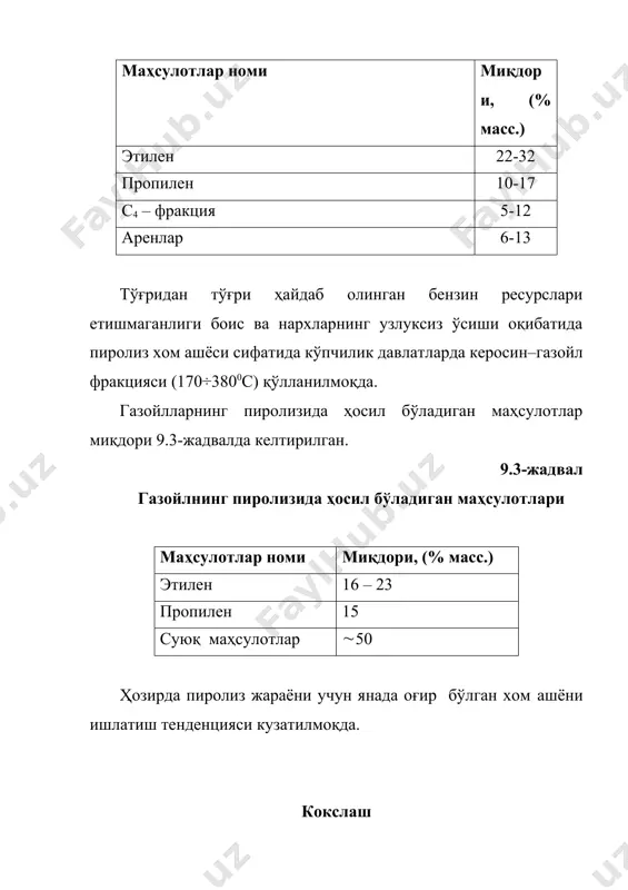 0,14 мпа) босимда алюмосиликат катализатори иштирокида олиб борилади. каталитик крекинг маҳсулотларининг миқдори ва сифати қайта ишланаётган хом ашё ва катализаторнинг тавсифига ҳамда жараённинг режимига боғлиқдир. каталитик крекинг қурилмаларида ёғлиқ газ, беқарор бензин, енгил ва оғир каталитик газойл олинади. айрим ҳолларда лигроин ажратиб олиш ҳам кўзда тутилади. углеводородли газ 80÷90% с3-с4 фракциядан иборат бўлиб, ажратиб олингандан сўнг алкиллаш, полимерлаш жараёнларида, этилен, пропилен, бутадиен, изопрен, полиизобутилен, сирт–актив моддалар ва бошқа нефткимёвий маҳсулотлар ишлаб чиқаришда ишлатилади. бензин фракцияси (қайнашнинг бошланиши–1950с)– автомобиль ва авиация бензини компоненти сифатида қўлланилади. унинг таркибига аренлар – 20÷30% (масс.), циклоалканлар– 8÷15% (масс.) ва алканлар– 45÷50 % (масс.) кириб, фракциянинг октан сони 78-85 (мотор усули бўйича) ни ташкил этади. енгил газойл (қ.б. 175-2000с–қ.о. 320-3500с)– дизель ёқилғисини компоненти сифатида, қурум ишлаб чиқаришда хом ашё сифатида ҳамда мазут олишда суюлтирувчи сифатида ҳам қўлланилади. парафин хом ашёдан олинган енгил каталитик газойлнинг цетан сони 45÷56, нафтен – ароматика эса 25-35% ни ташкил этади. оғир …