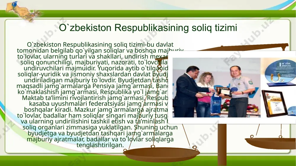 o'ladi. masalan, yer kadastrini tuzishda turli tumanlardagi ayni bir xildagi yer uchastkalari sifati, joylashgan joyi, foydalanilishi va boshqa belgilariga ko'ra guruhlanadi. xar bir guruh uchun maydon birligining qator yillar uchun o'rtacha daromadliligi belgilanadi. boshqa hamma yer uchastkalari maydon birligidan soliq stavkasi belgilangan u yoki boshqa toifaga tenglashtiriladi. soliqni to'lashning kadastrli usulining uziga xos xususiyati sifatida shuni ajratib ko'rsatish kerakki, soliqning to'lanish payti daromadning olinishi payti bilan aslo boglik bo'lmaydi, chunki bunday usulda mol-mulk uning taxmin qilinadigan daromadliligining tashqi belgilari asosida baholanadi. kadastrli usulda shaharlar va shahar kurgonlarida yer soligi stavkalarini ishlab chiqishga ular hududini shahar ayrim tumanlari yerlari hamda infratuzilmasini iqtisodiy baholash qiymati bo'yicha kompleks tarzda baholash asos qilib olingan. ikkinchi usulda soliqni soliq sub'ektiga daromadni to'laydigan yuridik shaxs hisoblaydi va ushlab qoladi. ishchining ish xaqidan, xizmatchining maoshidan daromad soliqi shu tariqa undiriladi. soliq korxonada xodimning daromadni olguniga qadar ushlab qolinadi, bu soliqni to'lashdan bo'yin tovlashni istisno qiladi, chunki buxgalteriya …
