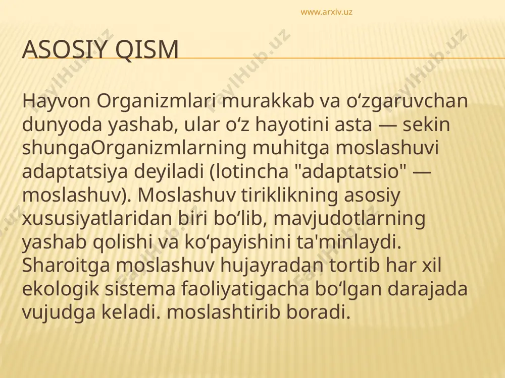qatlanishdan 12 soat keyin 4- organizm huzur qiladigan darajadagi harorat paytida www.arxiv.uz refleksni fiziologik faoliyatda kuzatishda tyurk tajribasida ko`rish: buning uchun spinal baqani shtativga ilib oyog`ini turli xil konsentratsiyali sulfat kislota eritmasiga botirib ko`rish orqali aniqlanadi. bunda baqa oyoqlarini reflaeks orqali torib javob qaytaradi. www.arxiv.uz fiziologik holatlar bir turga kiruvchi hayvonlarda fiziologik faoliyati turlicha kechadi: arktika muzliklari va issiq o`lkalarda yashaydigan hayvonlarda oziqlanish, moddalar va energiya almashinuvi, bir birida farq qiladi.hattoki ularning tashqi ko`rinishida ham tafovutlar ko`zga tashlanadi. masalan oq ayiqlar terisi qalin va yog` to`qimalrga boy bo`ldi ya`ni tanada issiqlikni saqlash uchun. issiq o`lkalarda yashaydigan qo`ng`ir ayiqlarda aksincha bo`ladi. www.arxiv.uz www.arxiv.uz xulosa: har bir tirik organizm o`zining fiziologik faoliyatiga ega bo`ladi. bufaoliyatni himoya vazifasida ham foydalanishlari mumkin. fiziologik funksiyalar mavjud ekan ularni birlashtiruvchi organizmga nisbatan tizimli yondashishni aks etuvchi universal model hisoblanadi. www.arxiv.uz foydalanilgan adabiyotlar k.t almatov , sh.i allamuratov ‘’odam va hayvonlar fiziologiyasi” е. б. бабский, а. а. …