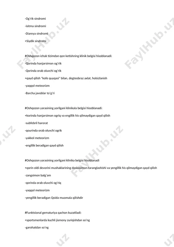 a +ichakdan qon ketishi, perforacya -anemiya #diareyani davolashda tavsya etiladi: +oral rehydration vositalar -sitostatiklar -peshob haydovchi -glyukokortikoidlar -aspirin #jigar funktsional holatining aniqlash sindromlari: -gemorragik -ogrikli -dispeptik +sitoliz, holestaz -astenonevrotik #qon reologiyasini yahshilash uchun qaysi preparatlar ullaniladi: +reosorbilakt -regydron -antibiotiklar -yallig‘lanishga qarshi -reopirin #oral regidratation vositalarga kiradi: -smekta -pancreatin +peditral -poliglyukin -reopirin #ko‘krak yoshidagi bolalarda temir tanqislik kamqonlikning asosy omili: +noratsional ovqatlantirish -surunkali ichburug ' -chala tugilganlik -tez kasallanuvchi bolalar -rahit #temir tankislik kamkonlik sindromi: +epitelial -gemorragik -ikkilamchi immunitet tanqisligi -harakat buzilishlari sindromi -tsitoliz #buyrak funktsional holatini baholashda ahamiyatga ega: +qonda kreatinin, mochevina darajasiga -s - reaktiv oqsil -seromukoidlar -koagulogramma -revmoproba #surunkali glomerulonefritning patogenetik davosiga kiradi: +gormonlar, sitostatiklar -immunostimulyatorlar -antigistaminlar -viferon -parasitamol #o‘tkir glomerulonefrit diagnostikasida ahamiyatga ega bo‘lgan tekshiruv usuli: -revmoproba -siydikni bakterial ekmasi +qon bioximik analizi -sulkovich sinamasi -egfds #sistitda infeksiyalanish yo‘li: +yuqoriga ko‘tariluvchi -kriptogen -limfogen -kontakt -havo-tomchi #o‘tkir glomerulonefrit nefritik sindrom uchun xos: +gematuriya, proteinuriya -dizuriya -gipertermiya -leykotsituriya -yaqqol …