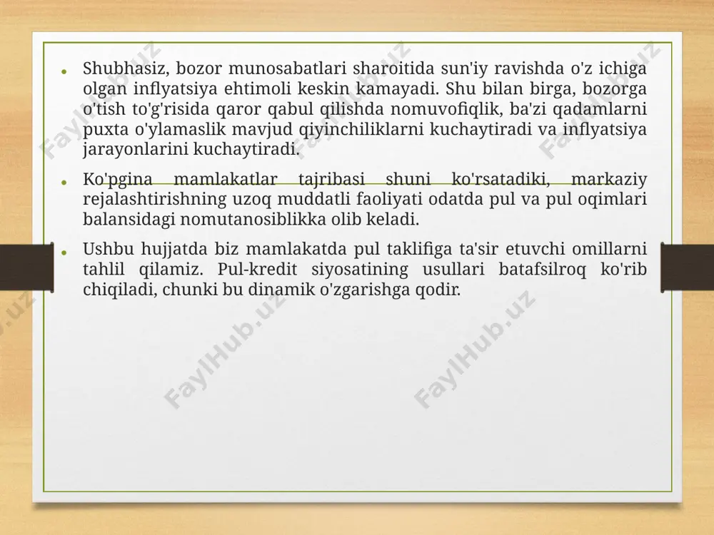 rajatlarini, byudjet taqchilligini qoplash maqsadida qoʻshimcha pul emissiyasini amalga oshiradi, natijada inflyasiya kuchayadi. koʻpgina mamlakatlarda pul emissiyasi ni hukumat nomidan markaziy bank amalga oshiradi bank likvidligi - kredit tashkilotining moliyaviy majburiyatlarini to'liq va o'z vaqtida bajarish qobiliyati. "tashkilotning likvidligi" atamasini boshqa moliyaviy atama - "likvidlik" dan ajratish kerak, bu u yoki bu aktivni naqd pulga tez va minimal yo'qotish bilan o'tkazish imkoniyatini anglatadi. moliya institutining likvidligi mavjud aktivlarning bajarilishi kerak bo'lgan pul majburiyatlariga nisbati bilan belgilanadi. bunday holda, ikkita nuqta hisobga olinishi kerak. birinchidan, aktivlar nafaqat pul mablag'lari, balki moliyaviy nuqtai nazardan likvidlik xususiyatiga ega bo'lgan boshqa qiymatlar ham bo'lishi mumkin. 2. pul muomalasi statistikasining asosiy vazifasi pul muomalasi statistikasi pul munosabatlarini faqatgina o’rganish, o’zgartirish quroli, hamda ularni miqdoriy o’lchash va kompleks tahlil qilish metodlari yig’indisi bo’lib qolmasdan, balki u pul muomalasi jarayonini tashkil qilishni rivojlantirish va bu jarayonni boshqarishni samaradorligini va umumiy sotsial-iqtisodiy rivojlanish samaradorligini oshirishga yo’naltirilgan umumiy vazifalarni …