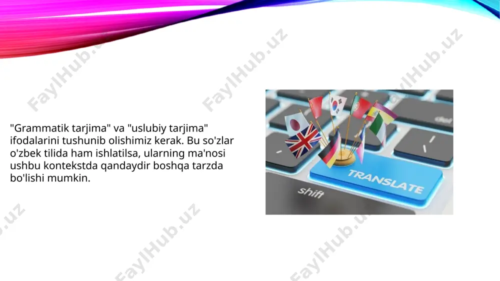 tlarini e'tirof etadi. bu ikkala tarjima turi kerakli maqsadga mos ravishda ishlatiladi. e’tiboringiz uchun rahmat image2.png image3.jpeg image4.jpeg image5.jpeg image6.jpeg image7.jpeg image8.jpeg image9.jpeg image10.jpeg image1.png