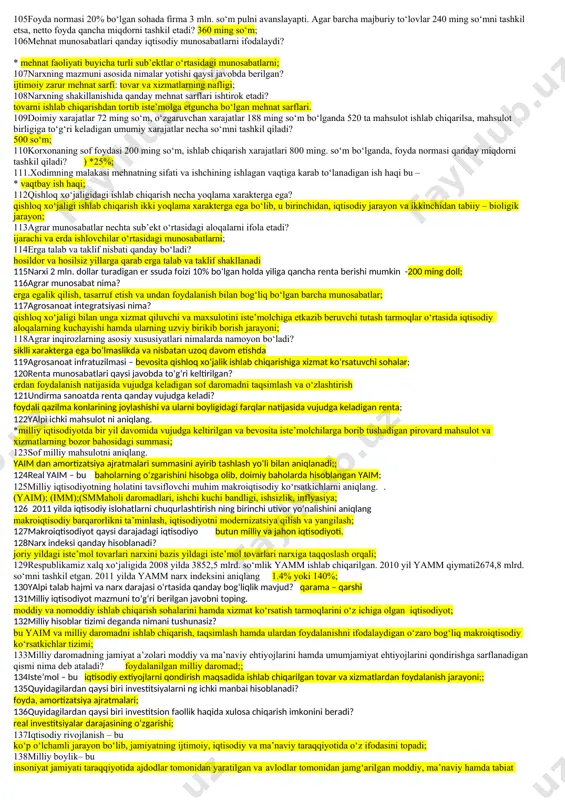 axsus dasturlar asosida davlatning qattiq nazorati ostida amalga oshirilishi kerak; 48bozorni vujudga keltirishga qaratilgan butun tadbirlar tizimining tamal toshi bo‘lib nima xizmat qiladi? narxni erkinlashtirish. 49iqtisodiy islohotlarning birinchi bosqichida mulkchilik to‘g‘risida nima e’tirof etildi? kichik xususiylashtirish; 50davlat mulkini xususiylashtiris hning dastlabki bosqichida qanday vazifa amalga oshiriladi? kichik xususiylashtirish amalga oshiriladi 51iqtisodiy islohotlarning ikkinchi bosqichidagi asosiy iqtisodiy vazifani aniqlang. milliy valyutani mustahkamlash; 52mulkiy munosabatlarnin g qaysi jihati to‘liq mulkdorlik mavqeini ta’minlaydi mulkka egalik qilish; foydalanish mulkni tasarruf etish 53konservativ ma’muriy tizimning qaysi davrlarida iqtisodiyotda juda kuchli buzilishlar ro‘y berdi? qayta qurish siyosati davrida. 54qaysi bir javob mulkchilik munosabatlarini aks ettiradi? mulkka egalik qilish, undan foydalanish hamda tasarruf etish jarayonlarida vujudga keladigan iqtisodiy munosabatlar 55kooperativ mulkining asosiy belgisi nima? mulkdorlarning ishlab chiqarish vositalari va uning natijalariga jamoa bo‘lib egalik qilishlari; 56mulkni davlat tasarrufidan chiqarish va xususiylashtirishdan ko‘zlangan asosiy maqsad mulkchilikning rivojlanishiga to‘sqinlik qilayotgan davlatning monopol hukmronligiga chek qo‘yib, tadbirkorlik faoliyatiga keng yo‘l …