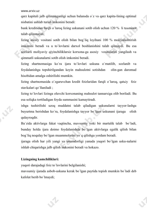i turlari mavjud: moliyalashtiriladigan lizing; joriy lizing. «ijara hisobi» deb nomlangan 6-sonli buxgalteriya hisobining milliy standartiga ko`ra «moliyalashtiriladigan ijara» - bu shundayin ijaraki, unda aktivlarga egalik qilish huquqi bilan bog`liq bo`lgan barcha tavakkalchilik va rag`-batlantirishlar o`zga tomonga o`tkaziladi. lizing shartnomasi muddati tamom bo`lgach, lizing ob`ekti, agar shartnomada boshqa holatlar ko`zda tutilmagan bo`lsa, lizinga oluvchining mulkiga aylanadi. egalik huquqi bilan bog`liq bo`lgan hech qanday tavakkalchilik va rag`batlan-tirishlar keltirmaydigan ijara «joriy ijara» deb ataladi. buxgalteriya hisobining xalqaro standartlariga muvofiq quyidagi shart-lardan biriga mos keladigan ijara moliyaviy hisoblanadi: ijara muddati tugagach, aktivlarga egalik qilish huquqi ijarachiga o`tka-ziladi; ijara aktivlarni bozor narxidan pastroq narxda xarid qilish imkoniya-tini beradi ; ijara muddati aktivning foydali ishlatish muddatining ko`proq qismini tashkil etadi (tavsiyaga ko`ra 80 % dan ortig`ini) ; ijara boshida joriy minimal ijara to`lovlari ijaraga olingan mulkning ijaraning boshlanish sanasida bozor narxidan katta yoki unga teng bo`ladi; buxgalteriya hisobining milliy standartlariga ko`ra yuqorida keltirilgan mezonlardan tashqari …