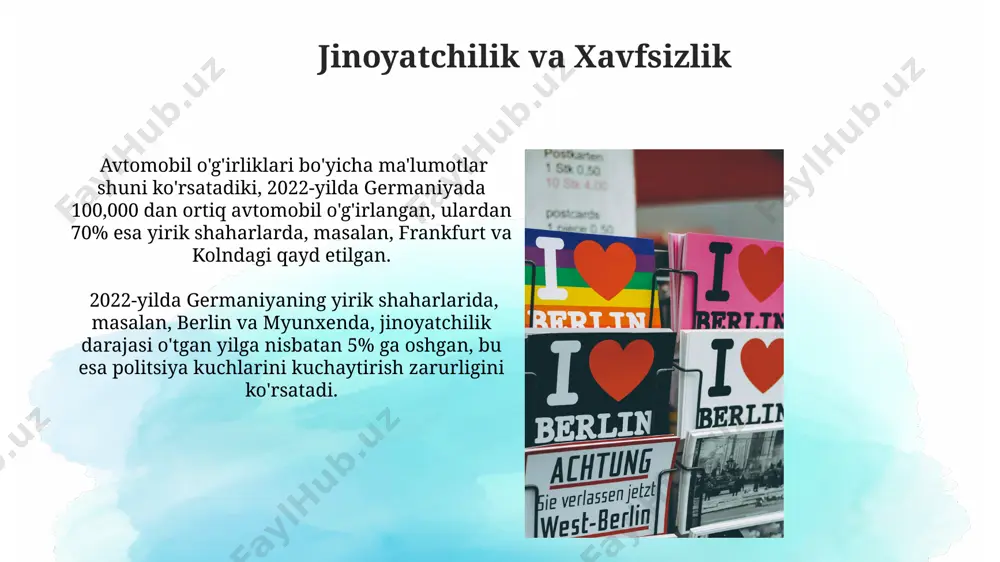 roq ko‘rsatkichlarda qayd etilgan. germaniya federal statistikasi idorasi (destatis) tomonidan 2023-yil ma’lumotlariga ko‘ra, germaniyada 83 million aholi istiqomat qiladi, bu esa mamlakatning shimoliy hududlarida aholi zichligining janubiy hududlariga nisbatan past ekanligini ko‘rsatadi. sog'liqni saqlash va ijtimoiy himoya bavariya shtatida 2023-yilning birinchi choragida ijtimoiy himoya tizimidan 1,5 million aholiga yaqin kishi foydalangan, bu esa umumiy aholi sonining taxminan 18% ni tashkil qiladi. germaniyaning 2022-yilgi ma'lumotlariga ko'ra, sog'liqni saqlash tizimiga 400 milliard yevrodan ortiq mablag' sarflangan bo'lib, bu mamlakat yalpi ichki mahsulotining 11% ni tashkil etadi. axborot texnologiyalari va kommunikatsiyalar 2022-yilda germaniyada axborot kommunikatsiya texnologiyalari sohasiga 150 milliard yevrodan ortiq investitsiyalar kiritilgan boʻlib, bu mamlakatning raqamli iqtisodiyotini rivojlantirishga sezilarli hissa qoʻshdi. germaniyaning yirik shaharlari, masalan, berlin va myunxen, yuqori tezlikdagi internetga ulanish darajasi boʻyicha yevropada yetakchi oʻrinlarni egallaydi, bu koʻrsatkich 95% dan oshadi. germaniya davlat statistikasining kelajagi germaniya statistik byurosi raqamli infratuzilmani rivojlantirishga 5 milliard yevro sarmoya kiritish orqali, 2025-yilga borib, butun …