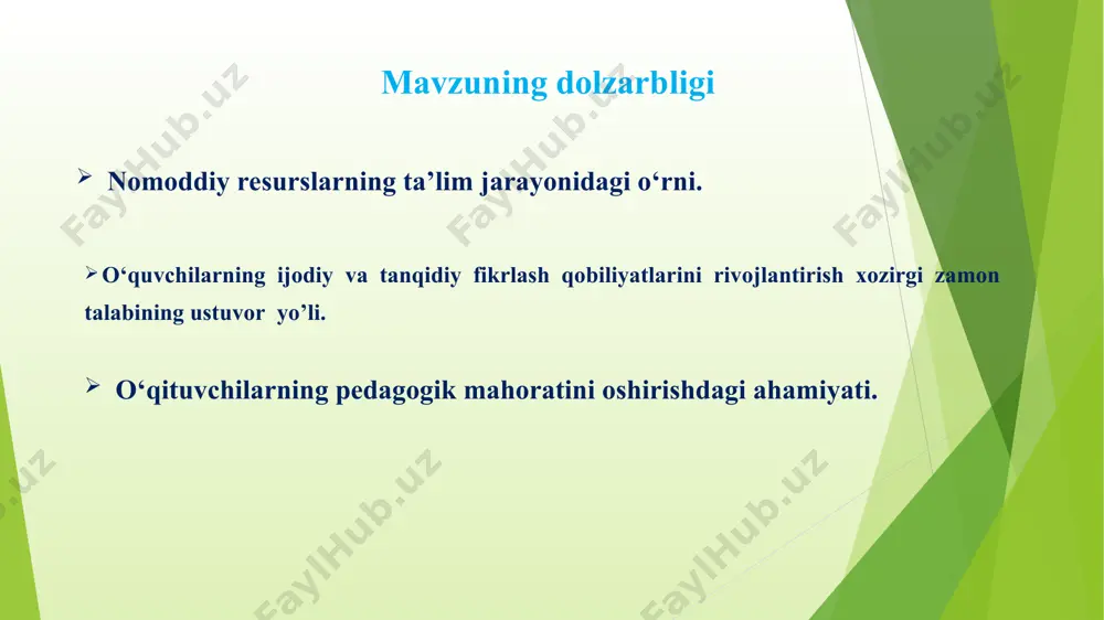 sh ta’limi so‘nggi yillarda rivojlanib bormoqda, lekin bitiruvchilarning mehnat bozoriga moslashuvi sust. singapur – ta’lim innovatsiyalari va kreativ yondashuvlar singapur maktablari quyidagi usullar orqali nomoddiy resurslardan foydalanadi: blended learning (aralash ta’lim) modeli asosida an’anaviy va onlayn ta’limni uyg‘unlashtirish. ta’lim jarayonida sun’iy intellekt va ma’lumotlar tahlili yordamida individual yondashuvlarni qo‘llash. maktablarda ta’limni ko`proq amaliyot bilan bog`lash, korxonalar bilan hamkorlikni kengaytirish hamda o`quvchilarni ularning ish faoliyati bilan yaqindan tanishtirish zarur. 3 o‘quvchilarning ruhiy salomatligiga e’tibor ortib bormoqda, lekin xalqaro standartalar darajasidan pastroq. aqsh – ochiq ta’lim resurslari va innovatsion dars usullari amerika maktablarida quyidagicha nomoddiy resurslardan foydalaniladi: ochiq ta’lim resurslari (open educational resources – oer) orqali bepul o‘quv materiallarini keng tatbiq etish. raqamli kutubxonalar va mooc (massive open online courses) kurslaridan foydalangan holda o‘quv jarayonini boyitish. maktablarda psixologik xizmatlarni rivojlantirish o`quvchi va pedagoglarda stressni kamaytirish uchun online psixologik dasturlar ishlab chiqish lozim. mavzu yuzasidan umumiy xulosa nomoddiy resurslardan samarali foydalanish maktab ta’limini …