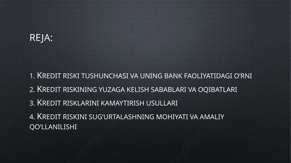 tadi. 4. bankning ichki siyosatidagi kamchiliklar – kredit portfelini to‘g‘ri diversifikatsiya qilmaslik, qarz oluvchining kredit tarixini to‘liq o‘rganmaslik. 5. garovning yetarli baholanmasligi – garov sifatining pasayishi yoki noto‘g‘ri qiymat belgilanishi. kredit riskining oqibatlari: bankning moliyaviy barqarorligi buzilishi – qarzlar qaytmasligi bankning foydasini kamaytiradi, likvidlik muammolarini keltirib chiqaradi. kredit portfeli sifatining pasayishi – yirik miqdordagi “muammoli kreditlar” bank obro‘siga salbiy ta’sir qiladi. zarar ko‘rsatkichlarining oshishi – bank kapitali kamayib, bankning umumiy faoliyati zaiflashadi. bank tizimiga salbiy ta’sir – bir nechta banklarda kredit riskining kuchayishi butun moliyaviy tizimning beqarorligiga sabab bo‘lishi mumkin. mijozlar ishonchining pasayishi – bankning moliyaviy muammolari mijozlarni boshqa moliya muassasalariga murojaat qilishga majbur qiladi. kredit riskining kelib chiqish sabablari ko‘p va ularning oqibatlari juda jiddiydir. shu bois har bir bank ushbu riskni oldindan aniqlash va kamaytirish choralarini ko‘rishi lozim 3. kredit risklarini kamaytirish usullari banklar faoliyatida kredit riskini butunlay yo‘qotib bo‘lmaydi, biroq uni samarali boshqarish va kamaytirish mumkin. kredit …