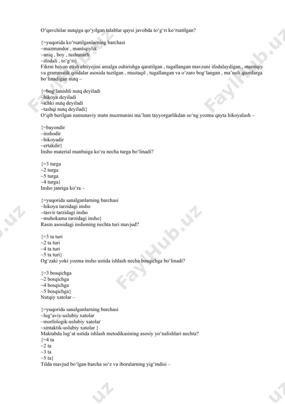 iboralarning yig‘indisi – {=lug‘at tarkibi yoki leksika deyiladi ~olinma so‘zlar deyiladi ~iboralar deyiladi ~to‘g‘ri javob berilmagan} ikki jildlik ,, o‘zbek tilining izohli lug‘ati “ dagi so‘zlar miqdori – {=55 000 ~50 000 ~65 000 ~60 000} besh jildlik ,, o‘zbek tilining izohli lug‘ati “ dagi so‘zlar miqdori – {=80 000 ~60 000 ~70 000 ~75 000} talaffuzi, yozilishi har xil bo‘lgan, bir umumiy tushuncha (ma’no) ifodalaydigan so‘zlar – {=ma’nodosh ( sinonim ) so‘zlardir ~shakldosh ( omonim ) so‘zlardir ~zid ma’noli ( antonym ) so‘zlardir ~to‘g‘ri javob berilmagan} berilgan javoblar orasidan undalmaga berilgan ta’rifning eng to‘lig‘i va to‘g‘risini belgilang. {=so‘zlovchining nutqi qaratilgan shaxs va narsalarni ifodalagan so‘zlarga undalma deyiladi. ~undalma gapning boshi, o‘rtasi, oxirida keladi. ~so‘zlovchining nutqi qaratilgan shaxsni ifodalagan so‘zga undalma deyiladi. ~undalma gapning o‘rtasida kelgan bo‘lsa, uning ikki tomoniga vergul qo‘yiladi.} berilgan gaplarning qay birida murakkab va shaxsga qaratilgan undalma qatnashgan? {=ey aziz bolalar, vatanga munosib posbon bo‘lib yetishing. …